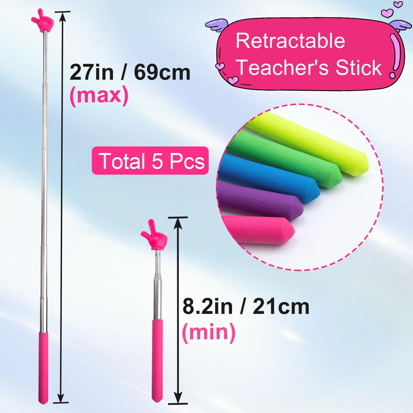5pcs Retractable Teacher Pointers for Classroom Reading, Hand-Shaped Presentation Pointer Stick, Mini Portable Finger Pointer Sticks Teach Supplies- Blue & Purple & Yellow & Green & Pink - Image 2