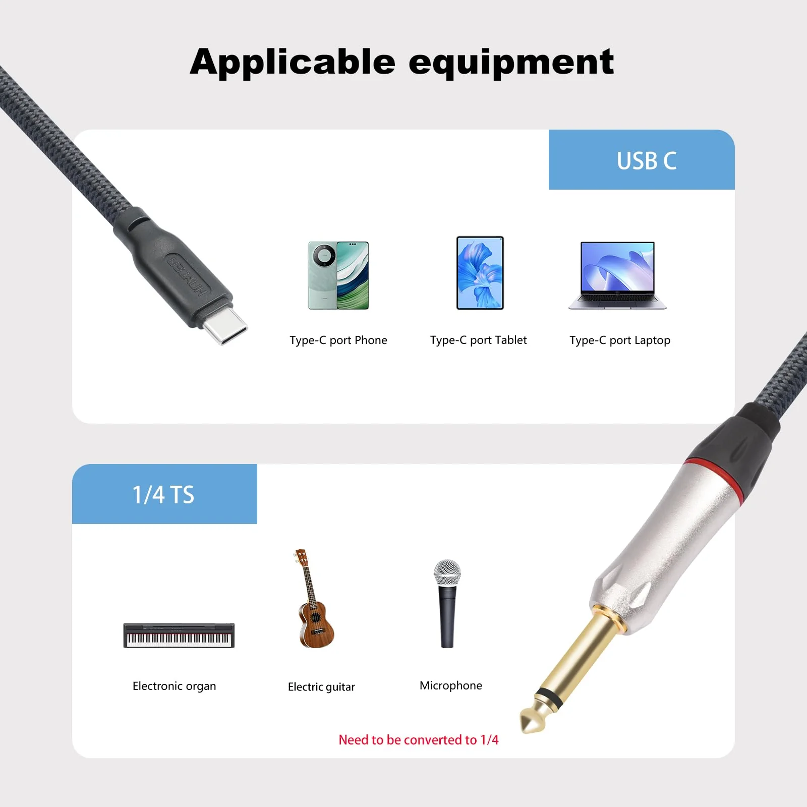 6.6Ft 1/4 to USB C Electric Guitar Recording Cable, USB C to 1/4 TS Electric bass Guitar Cable for Recording, Electric Guitar 1/4 TS 6.35 mm Male Jack to Computer, Smartphone 6.6Feet - Image 4