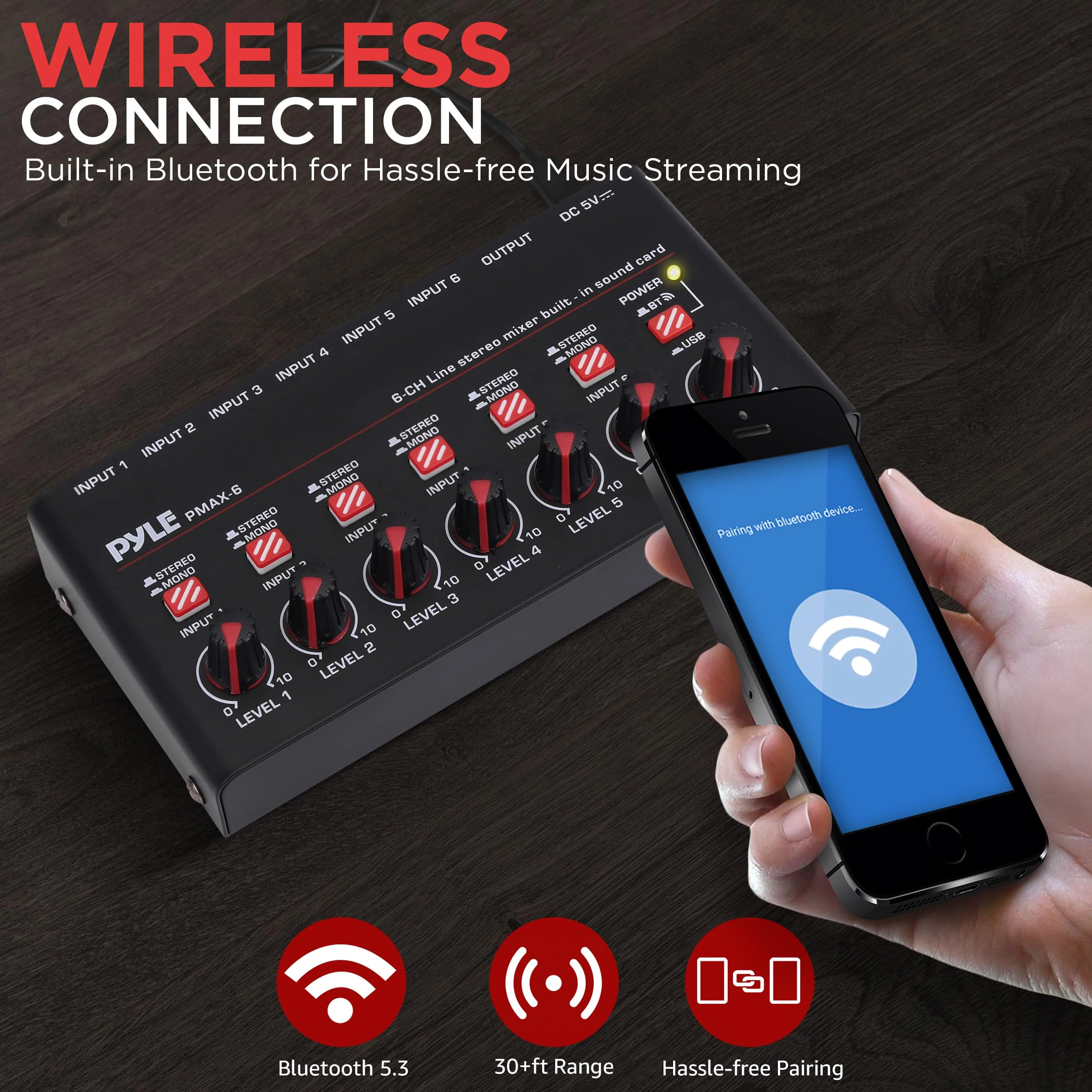 6-Channel Wireless BT Streaming Mini Line Mixer with USB Audio Interface - 6 Mono/Stereo Switching Inputs | Ultra-low Noise Design with High Headroom | Built-in USB Sound Card 6 Channel - Image 5