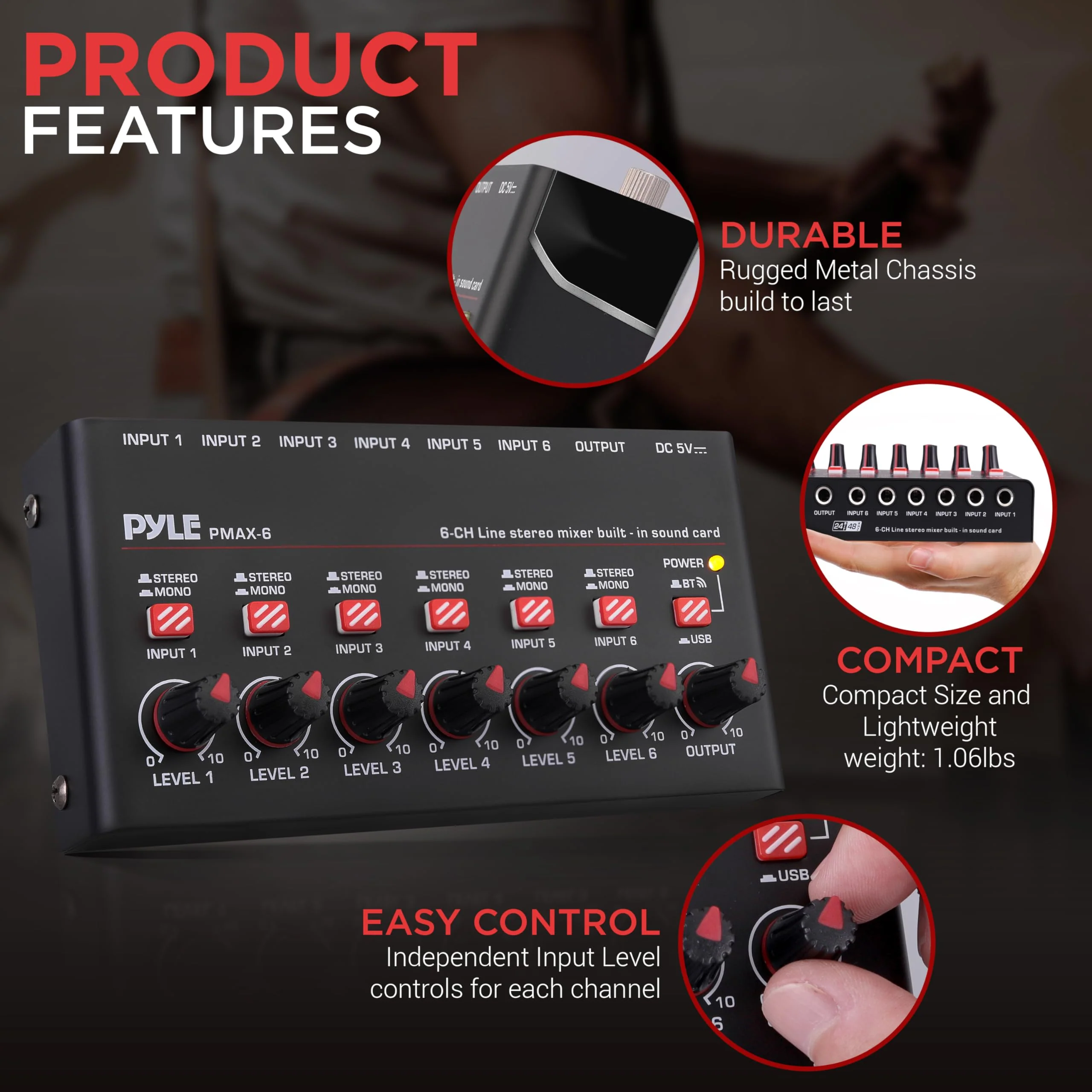 6-Channel Wireless BT Streaming Mini Line Mixer with USB Audio Interface - 6 Mono/Stereo Switching Inputs | Ultra-low Noise Design with High Headroom | Built-in USB Sound Card 6 Channel - Image 6