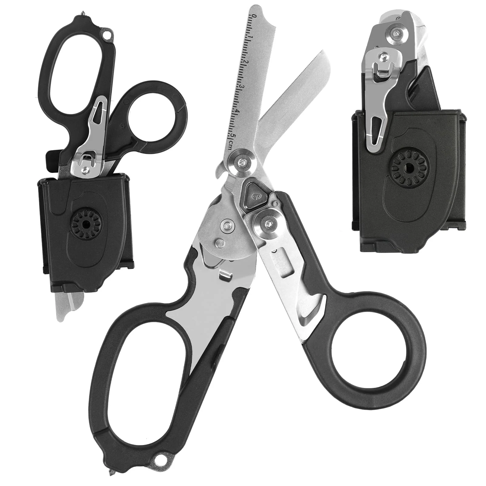 6 in 1 Multifunctional Foldable Trauma Scissors with Compatible Holster Emergency Response Scissors Camping Rescue Tools Outdoor with Tape Cutter and Glass Breaker Black