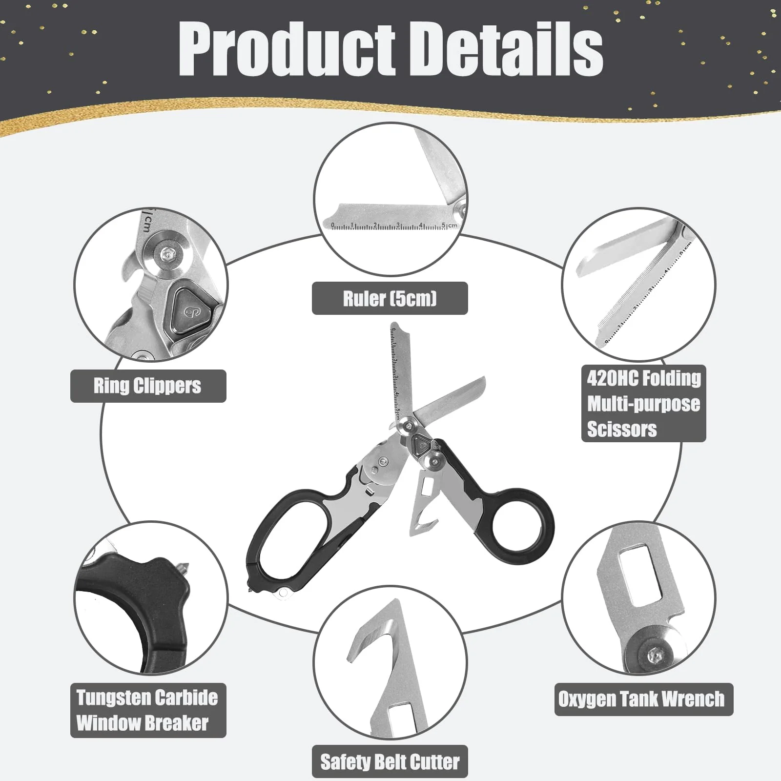6 in 1 Multifunctional Foldable Trauma Scissors with Compatible Holster Emergency Response Scissors Camping Rescue Tools Outdoor with Tape Cutter and Glass Breaker Black - Image 3