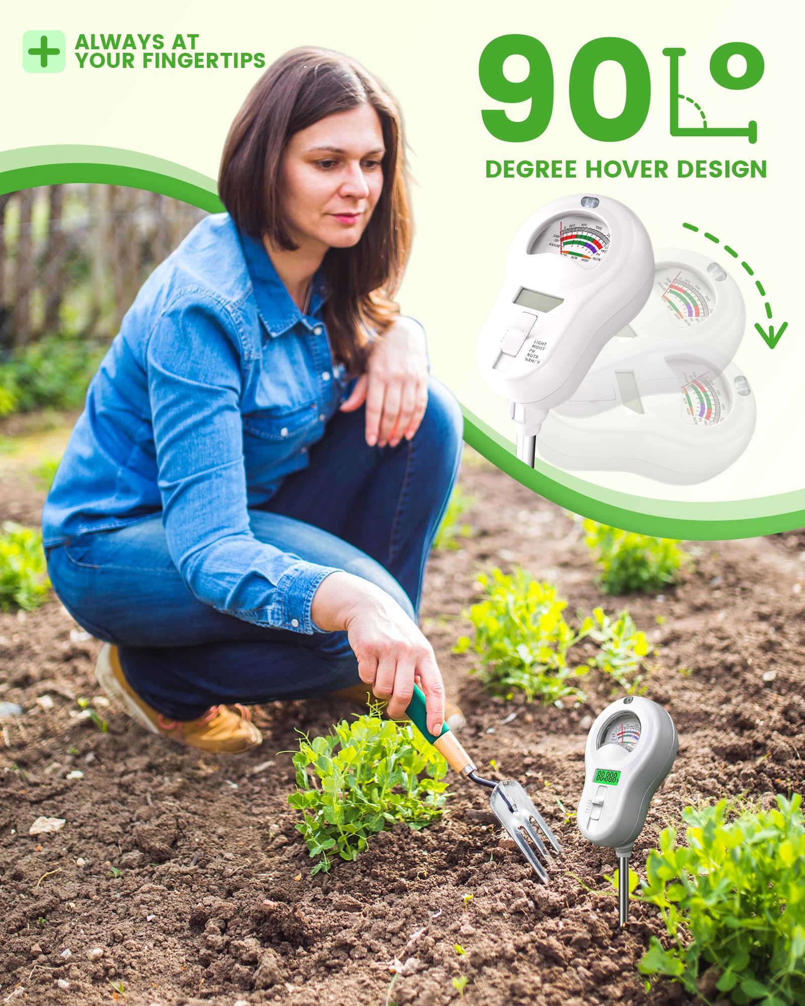 6-in-1 Soil Moisture Meter with 3 Probes, PH/Sunlight/Soil Moisture/Fertility with 3 Removable Probe, Digital Air Temp/Humidity, Soil Tester for Garden, Lawn, Indoor and Outdoor Plants - Image 4