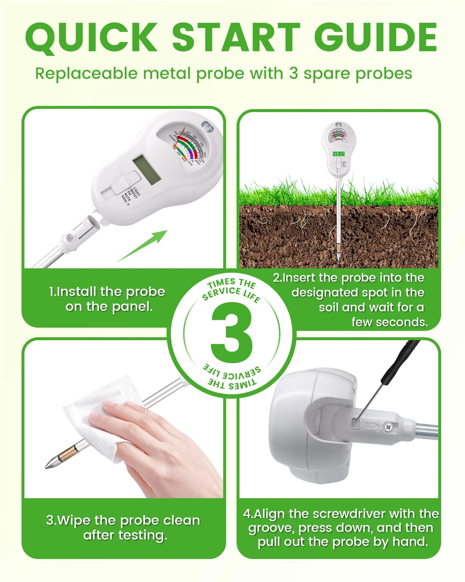 6-in-1 Soil Moisture Meter with 3 Probes, PH/Sunlight/Soil Moisture/Fertility with 3 Removable Probe, Digital Air Temp/Humidity, Soil Tester for Garden, Lawn, Indoor and Outdoor Plants - Image 5