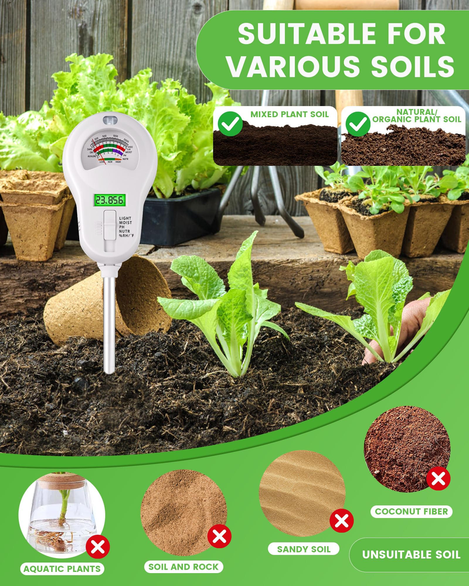 6-in-1 Soil Moisture Meter with 3 Probes, PH/Sunlight/Soil Moisture/Fertility with 3 Removable Probe, Digital Air Temp/Humidity, Soil Tester for Garden, Lawn, Indoor and Outdoor Plants - Image 6