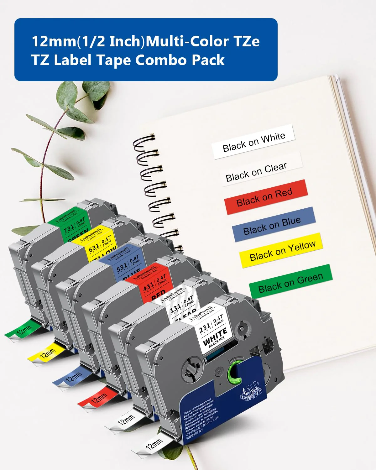 6-Pack 12mm 0.47 Laminated Multi Color Replacement for Brother P Touch Label Tape TZ TZe-231 131 431 531 631 TZe231 for PTouch PT-H110 D210 D220 PT-H103W, Clear/White/Red/Blue/Yellow/Green Black on Clear/White/Red/Bule/Yellow/Green 12mm 0.47 inch - Image 2