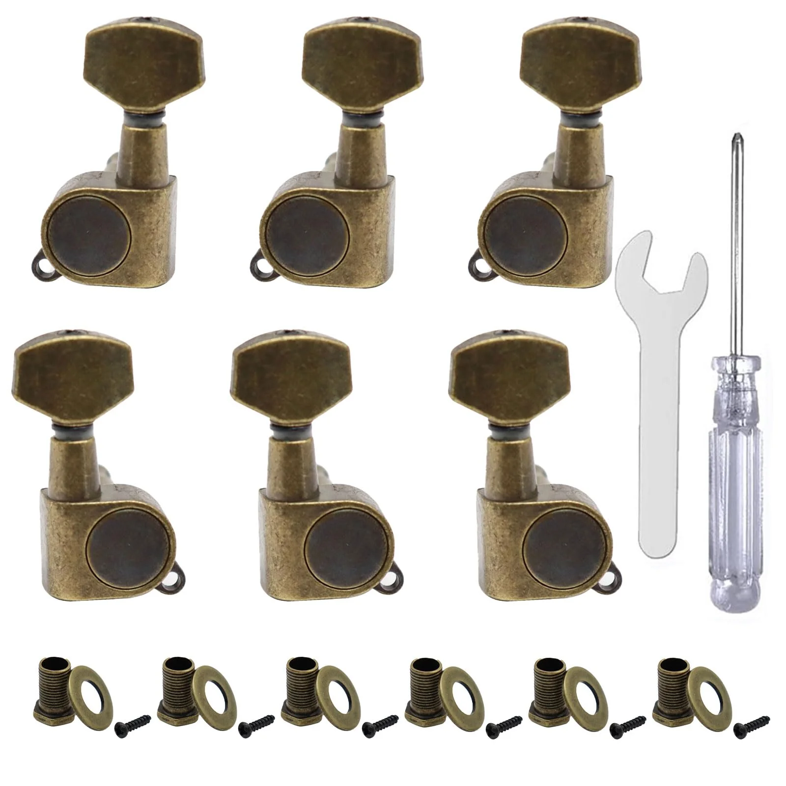 6-Pack (3L+3R) Sealed Square Guitar Machine Heads - High-Precision Compact Tuners for Acoustic & Electric Guitars, Durable Tuning Pegs with (Bronze) Bronze