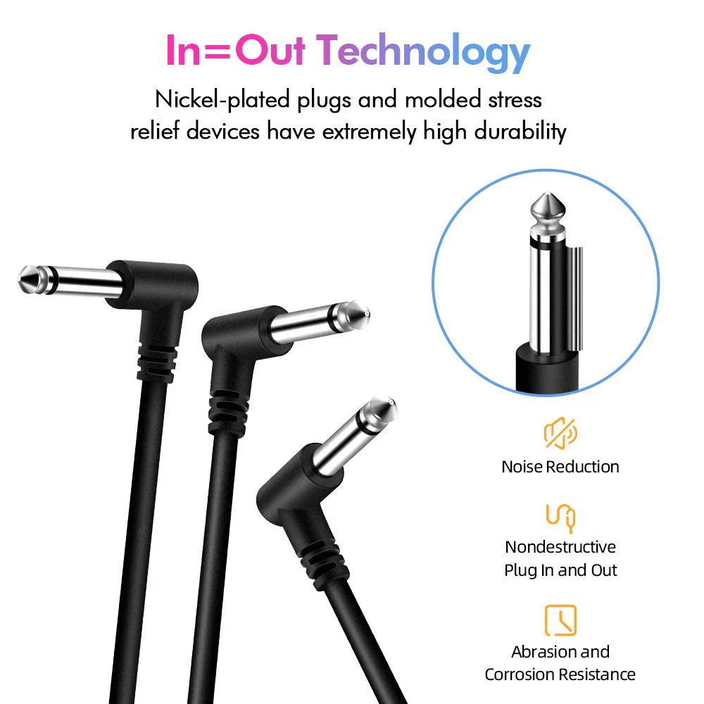 6 Pack 6 Inch Guitar Patch Cables, Black Guitar Pedal Cable Effect Cable Cord, 1/4" inch TS Right Angle Guitar Patch Cable - Image 2