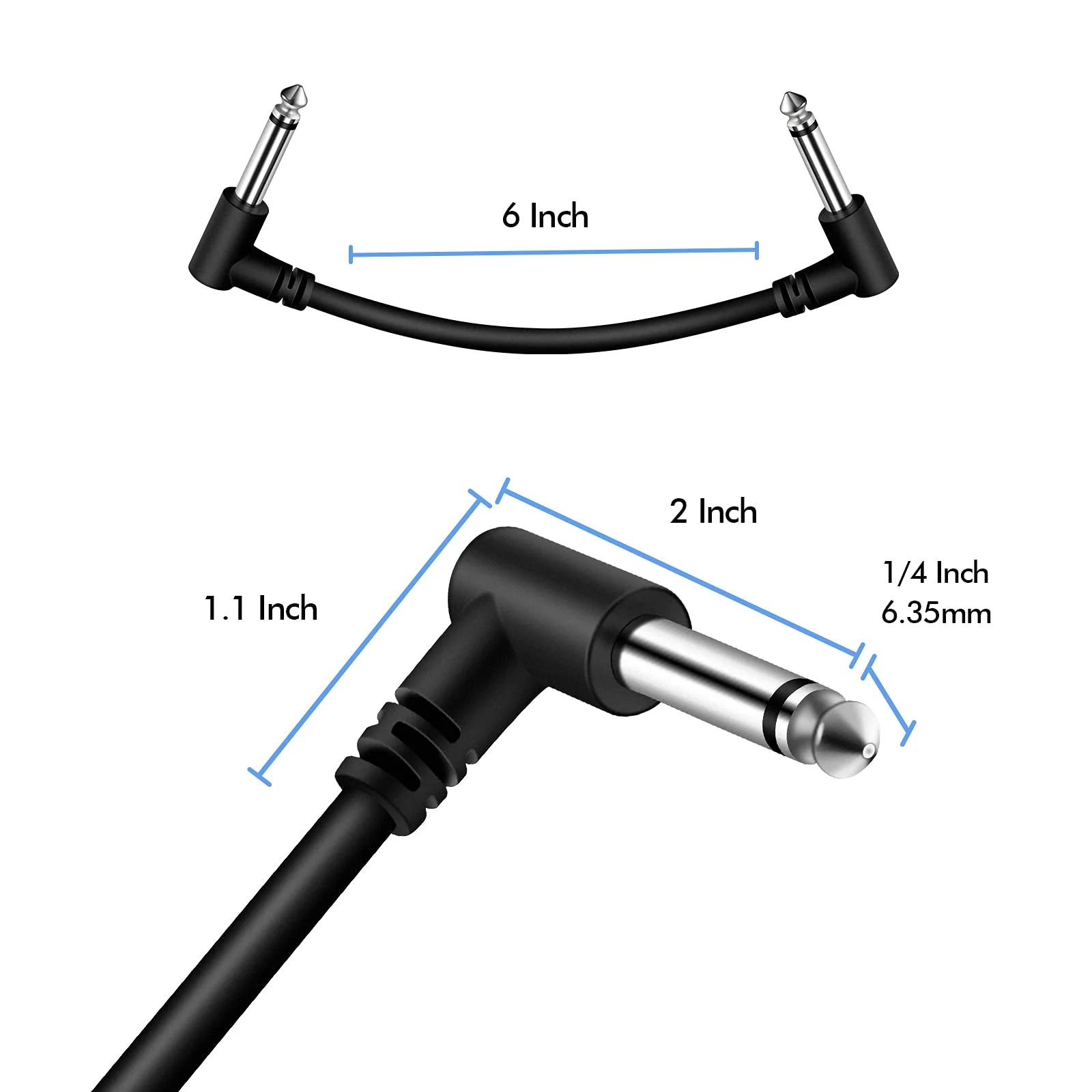6 Pack 6 Inch Guitar Patch Cables, Black Guitar Pedal Cable Effect Cable Cord, 1/4" inch TS Right Angle Guitar Patch Cable - Image 6