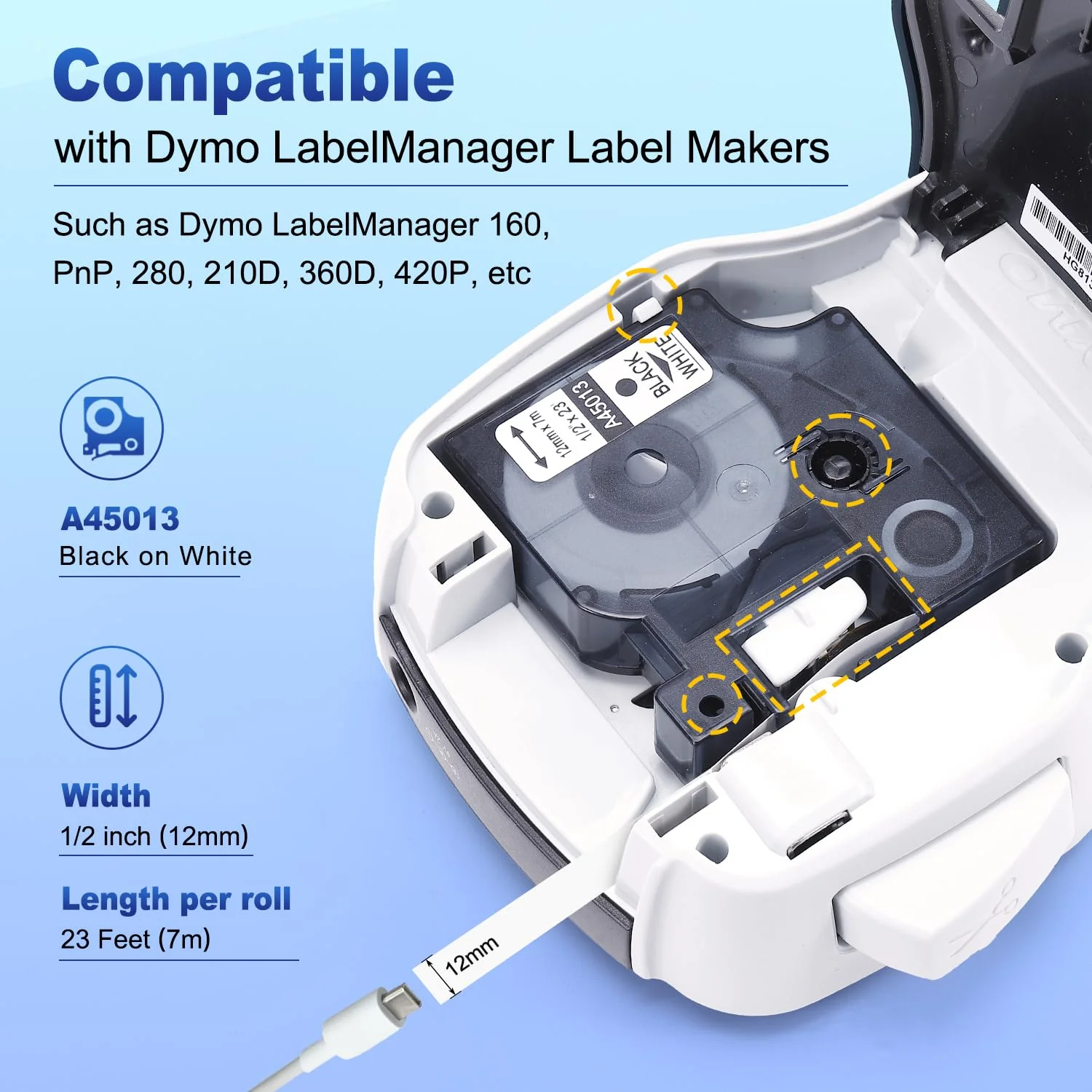 6-Pack Compatible Dymo D1 Label Tape 45013 1/2 Inch x 23 Ft Replace DYMO Label Maker Refills d1 a45013 S0720530, Black on White, for Dymo LabelManager 160 280 210D 360D 420P PnP 1/2 inch x 23 feet(12mm x 7m) - Image 2