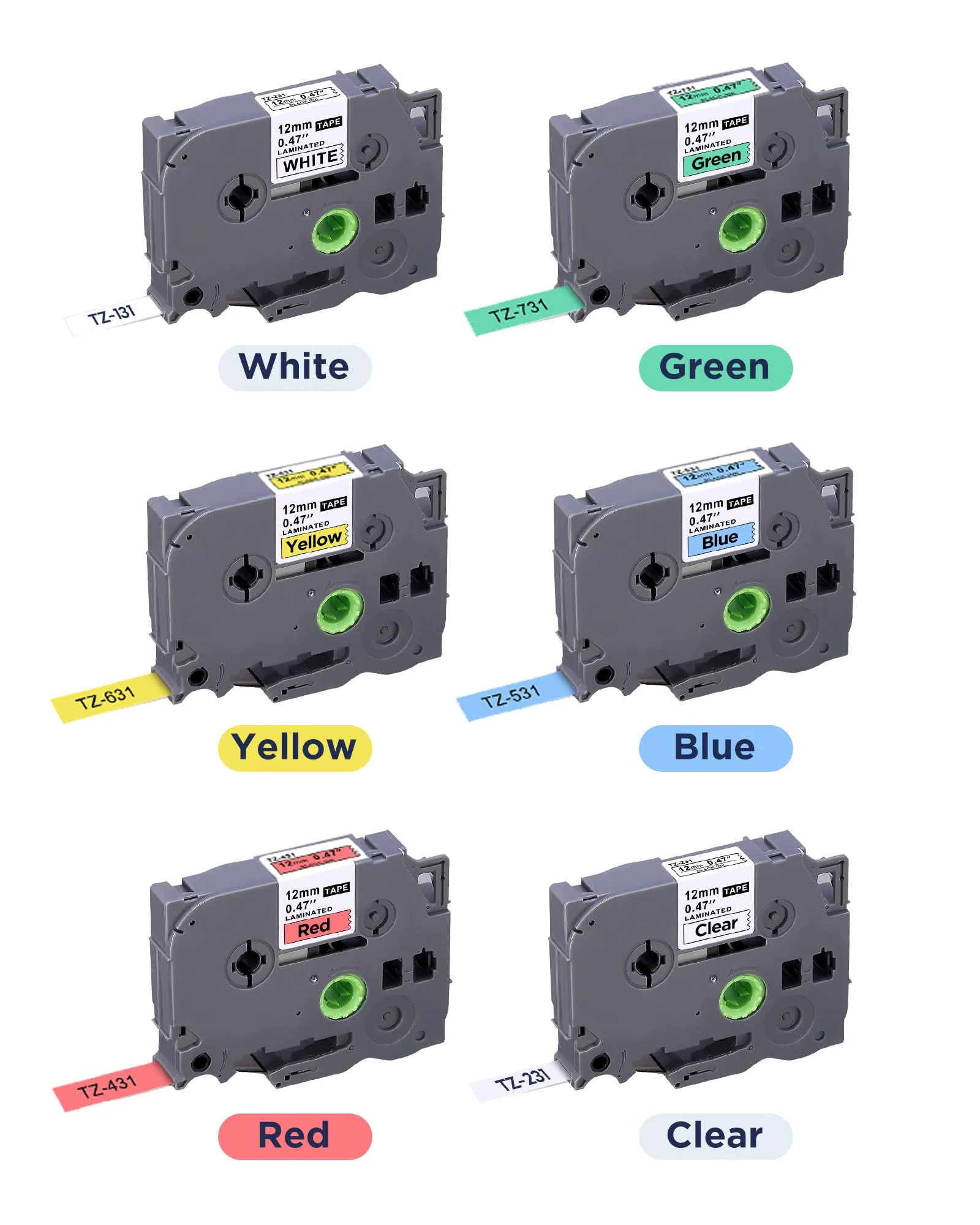 6-Pack Replacement for Brother P Touch Label Tape TZe-231 131 431 531 631 731 12mm 0.47 Laminated Label Maker Tape Multi-Color Work for PT-D210 H110 D220 D410 D600, Clear/White/Red/Blue/Yellow/Green - Image 7