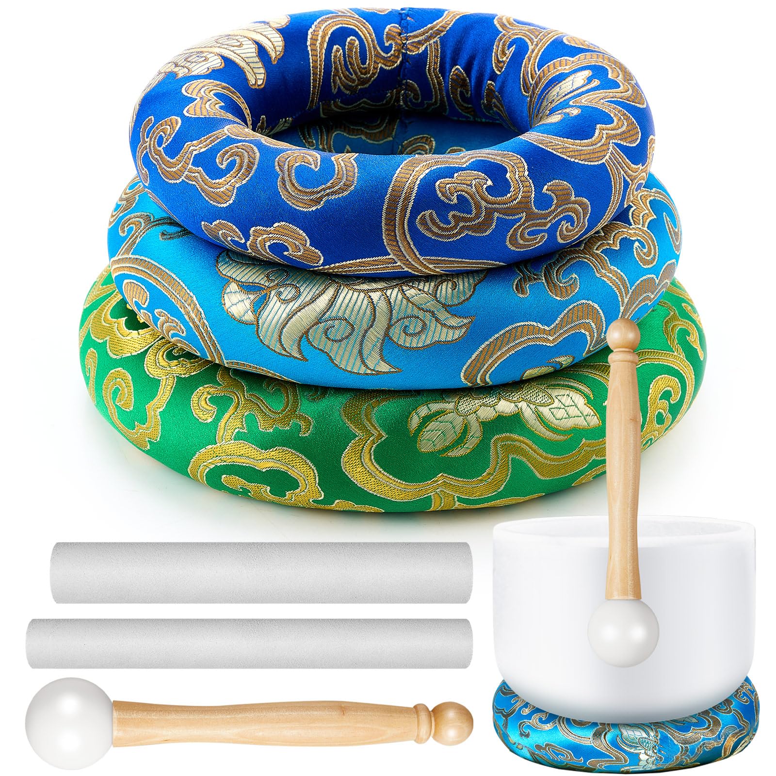 6 Pcs Singing Bowl Cushion Set 3 Silk Cloth O Ring with 3 Crystal Singing Bowl Mallet Include Solid and Hollow Stick Wood Handle Rubber Mallet for 7-9 Tibetan Sound Meditation
