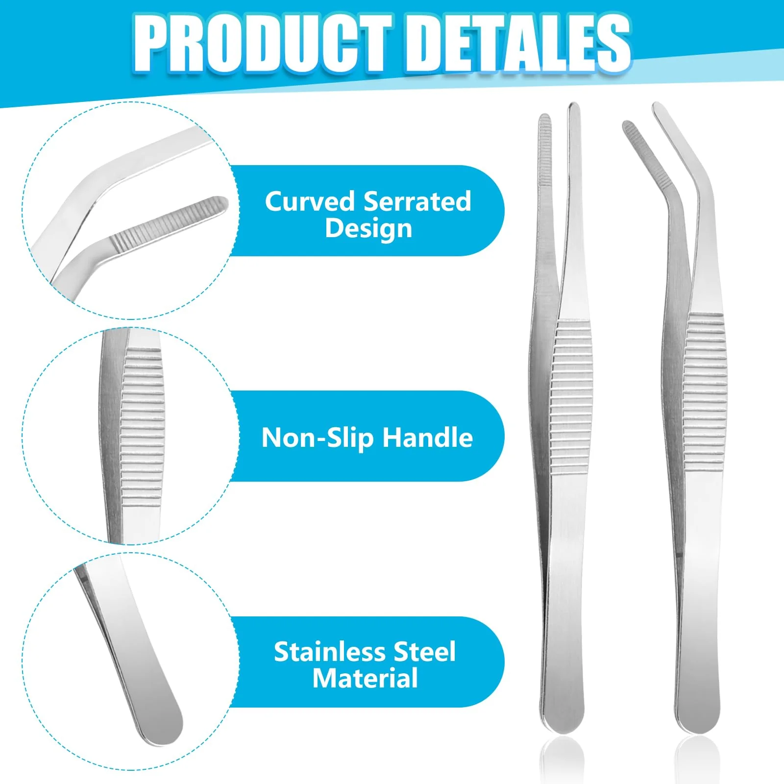 6-Piece Tweezers Set, 3 Sizes Stainless Steel Tweezers, 16 cm Long Tweezers with Storage Bag, Professional Non-Slip Curved Tweezers for Craft Repair, Sewing Machines, Jewellery, 12.5-16 cm - Image 3