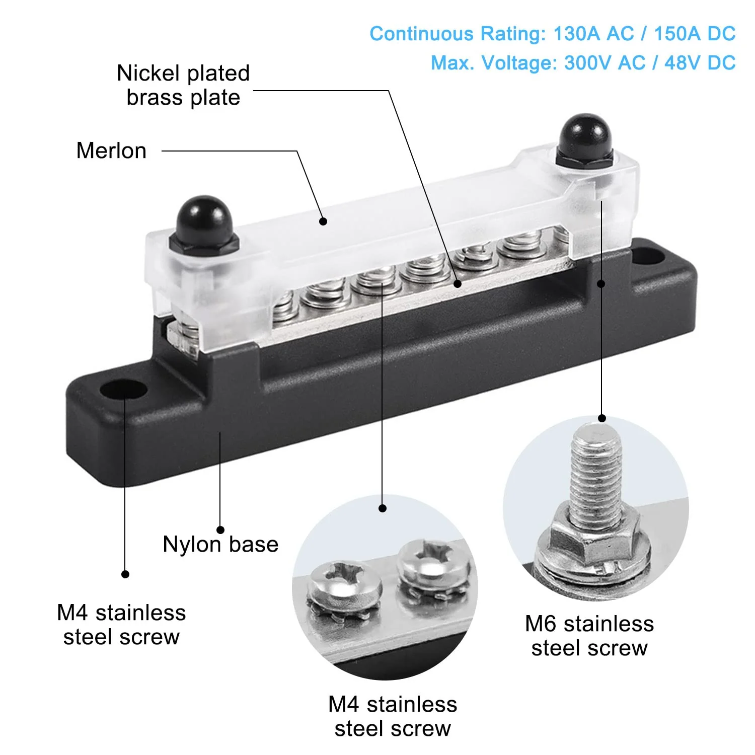 6-Pin Busbar Distribution Block, Single Row Busbar 150A Busbar Block with Cover, Distribution Block, Busbar Screw Terminal, Busbar for Truck, Bus, Boat (Black) black - Image 3