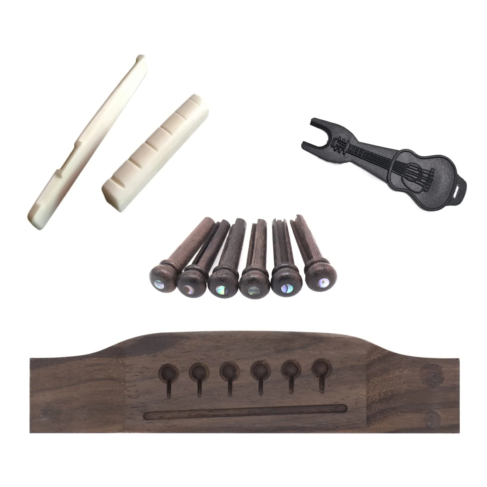 6 String Acoustic Guitar Bridge Bone Bridge Saddle and Nut, Rosewood Acoustic Guitar Bridge Pins with Bridge Pin Puller Remover, Acoustic Guitar Bridge Replacement Parts - Image 2