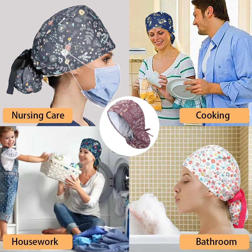 6 x Women's Surgical Caps with Satin Lining, Adjustable Fabric with Button, Ponytail Work Cap with Sweatband Hoods, Cotton Print Surgical, Chef's Hat, Dust Cap, One Size, multicoloured - Image 6