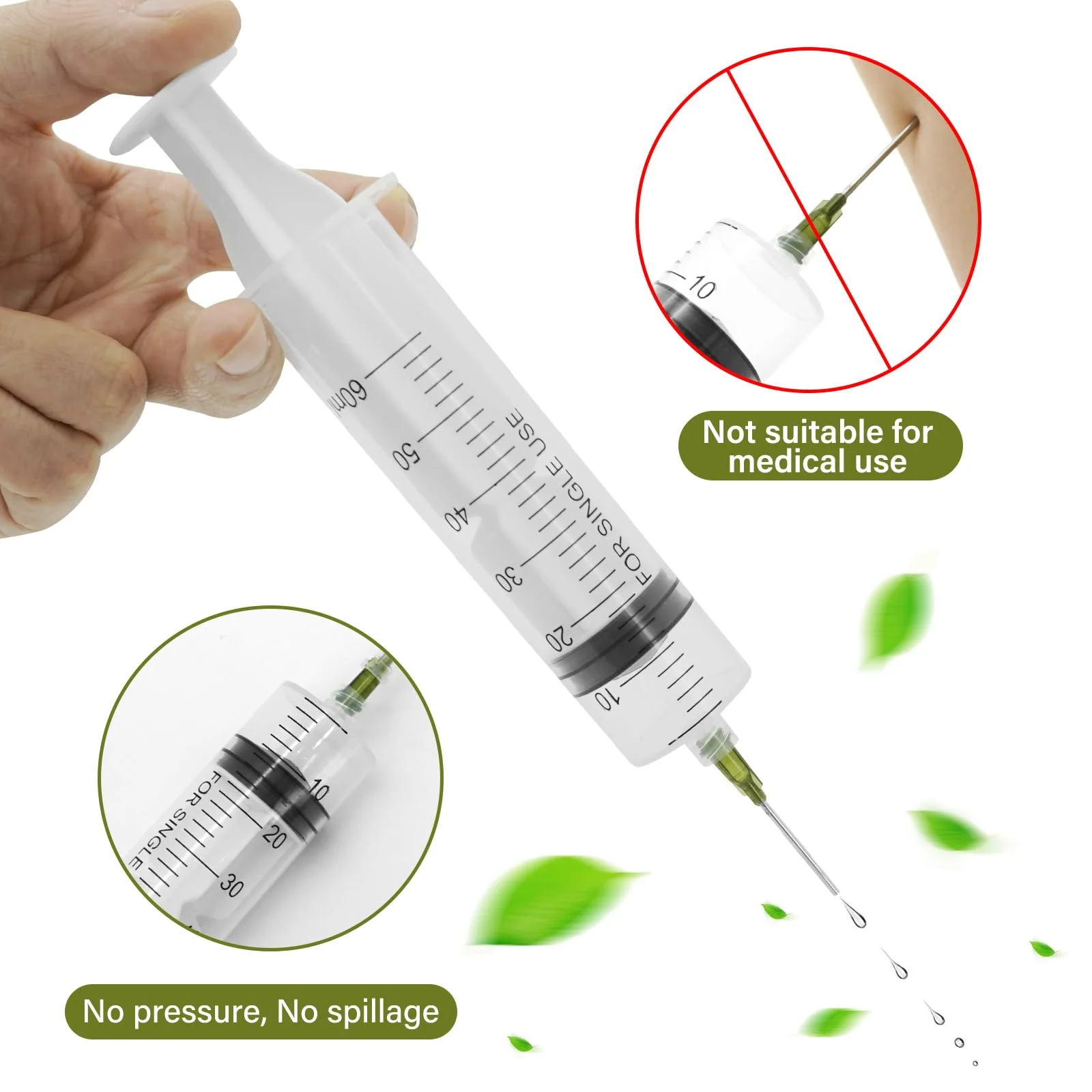 60 ml Plastic Syringe, Pack of 6 Syringes with Needle, Reusable Dosing Syringe, Syringe with 6 Needle Caps, Syringes for Scientific Laboratories, Measuring Liquids Industry - Image 3