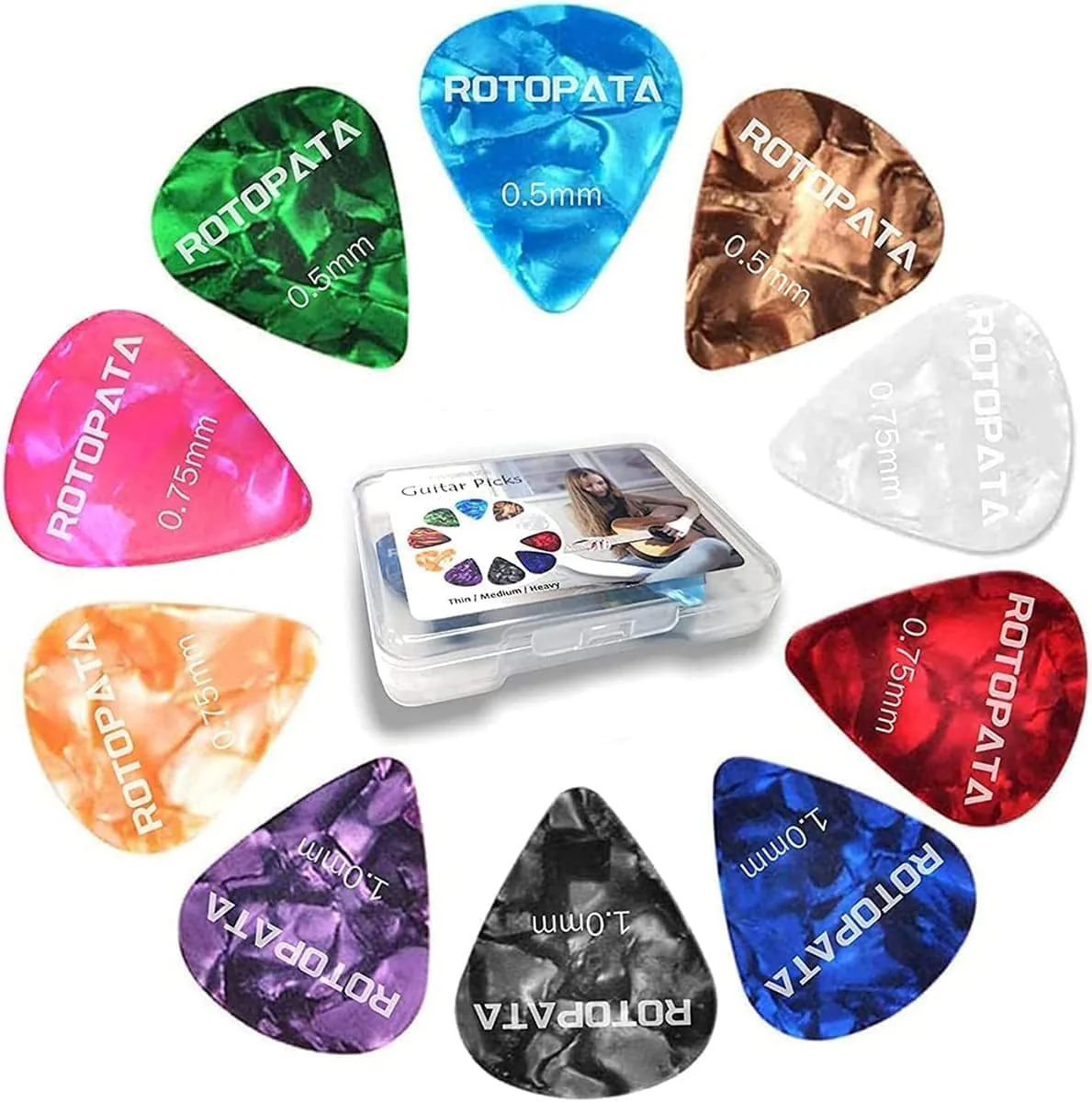 60 Pack Guitar Picks with Organizer Storage Box, 0.5 0.58 0.75 0.84 1.0 1.2mm Includes Thin Medium Heavy Thickness & Variety Colorful Celluloid Plectrums for Bass Electric Acoustic Guitars Ukulele