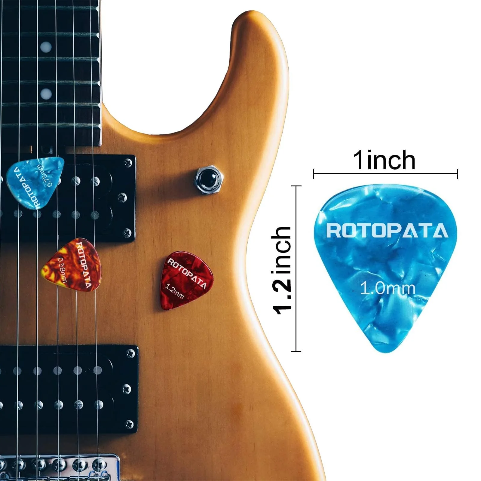 60 Pack Guitar Picks with Organizer Storage Box, 0.5 0.58 0.75 0.84 1.0 1.2mm Includes Thin Medium Heavy Thickness & Variety Colorful Celluloid Plectrums for Bass Electric Acoustic Guitars Ukulele - Image 5