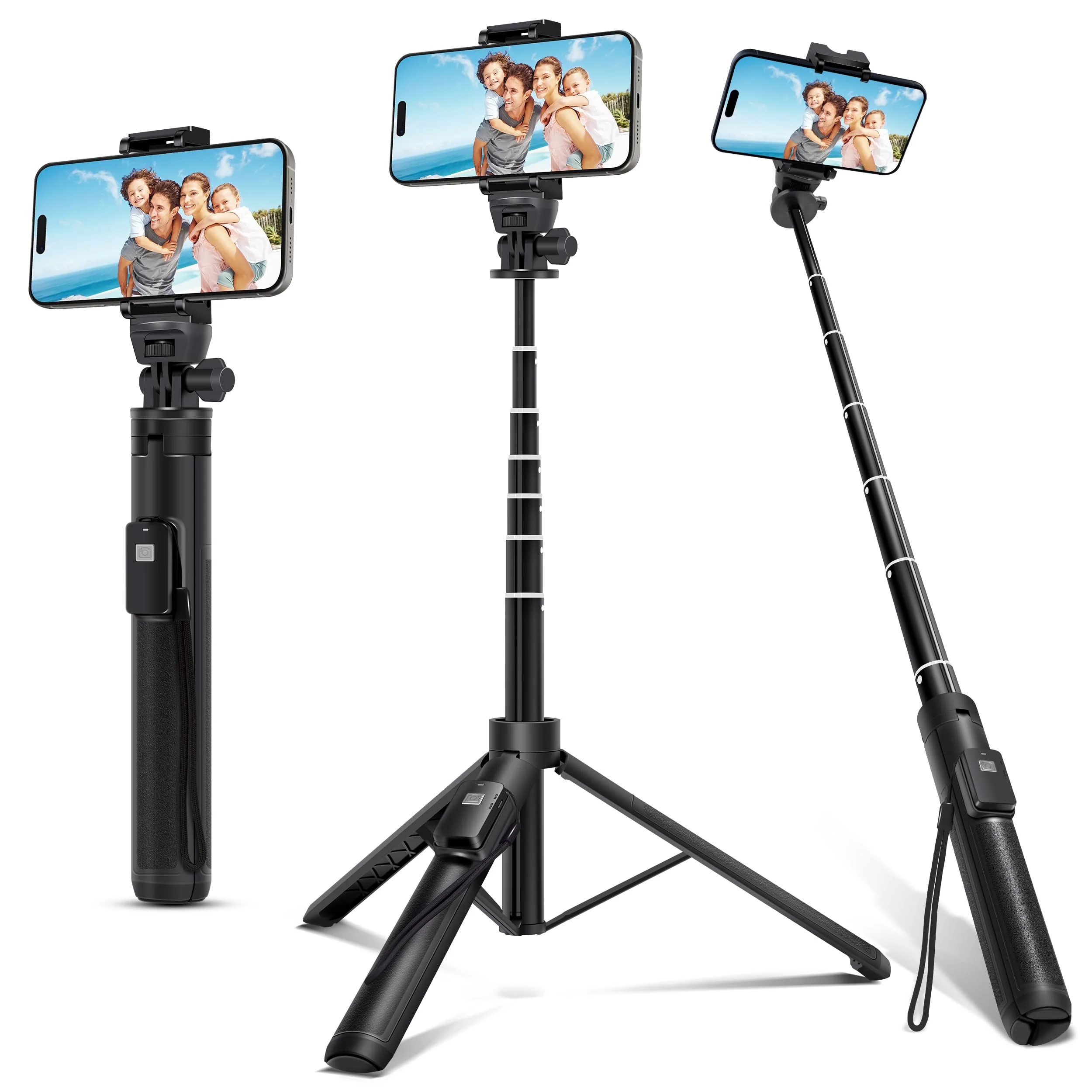 62-inch Selfie Stick and Tripod Legs for Cell Phone and Camera, Portable Travel Tripod Stand, Remote Control, Compatible with iPhone & Android and Camera (Black) Black