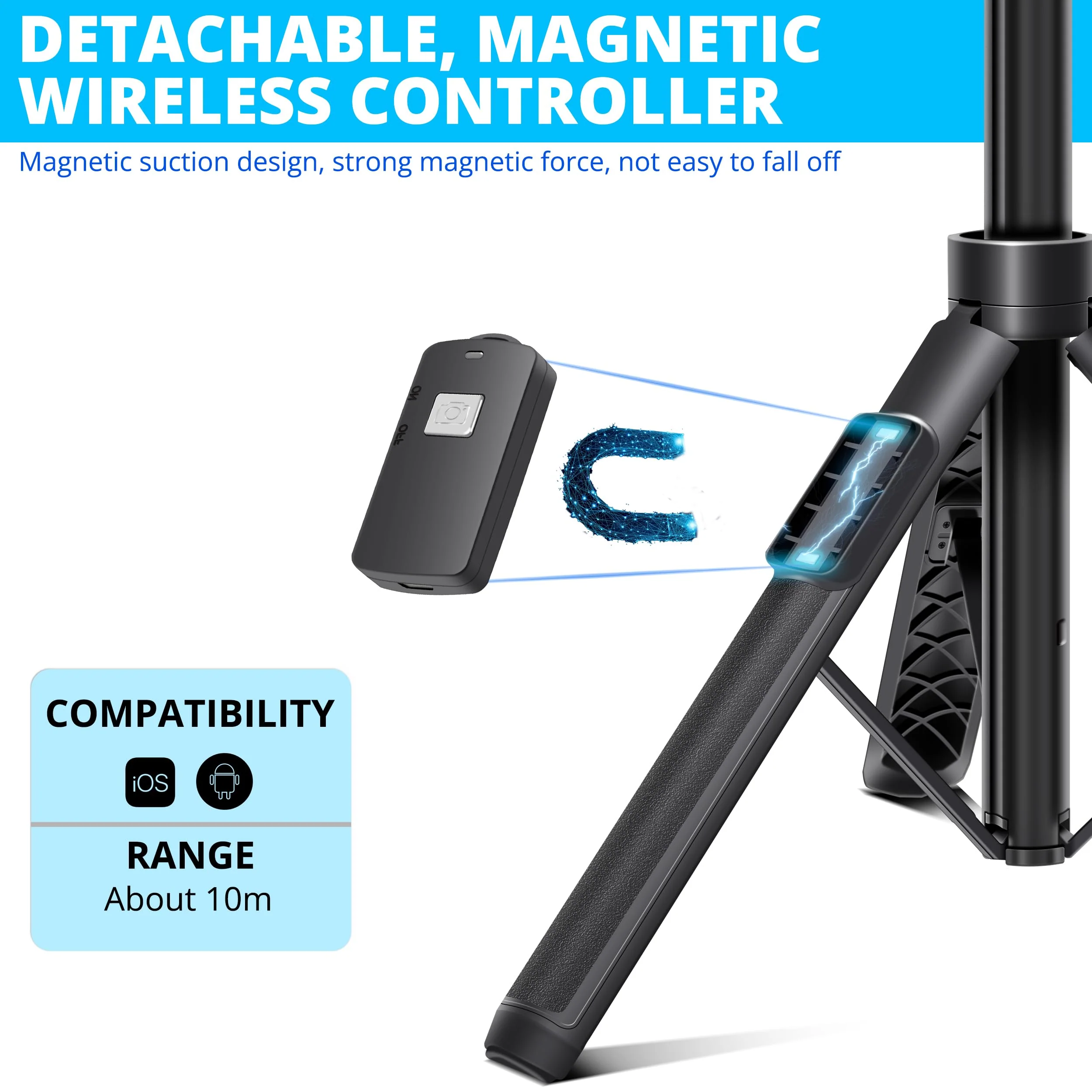 62-inch Selfie Stick and Tripod Legs for Cell Phone and Camera, Portable Travel Tripod Stand, Remote Control, Compatible with iPhone & Android and Camera (Black) Black - Image 6