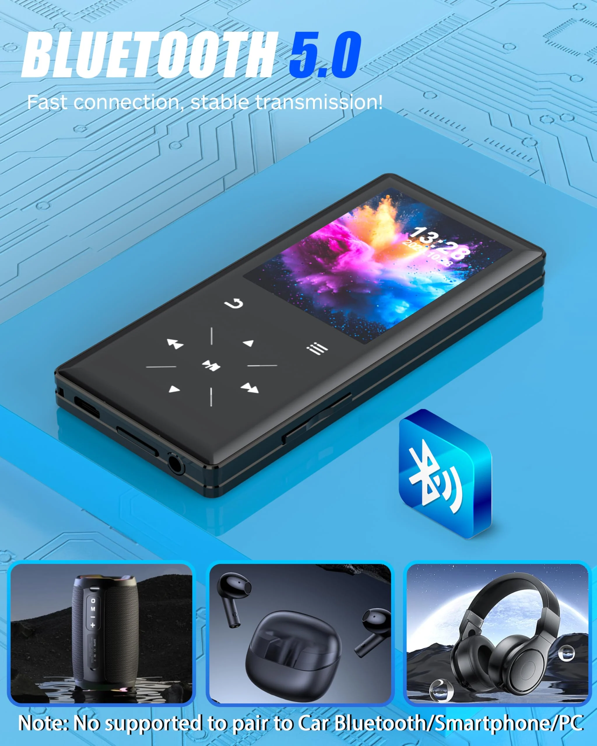 64GB Bluetooth MP3 Player - 2.4" Screen Portable HiFi Mp3 Player with Built-in Speaker, MP3 Music Player with Voice Recorder, FM Radio, Touch Buttons,Support up to 256GB SD Card - Image 6