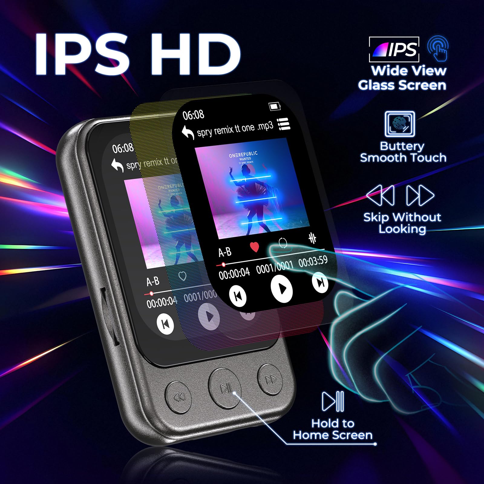 64GB Clip on MP3 Player with Bluetooth 5.3, Built-in Speaker, 2" HD Touchscreen, FM Radio, Voice Recorder, Portable Music Player for Running, Gym, Shuffle Audio Video, Up to 128GB MicroSD Card Gunmetal Grey - Image 2