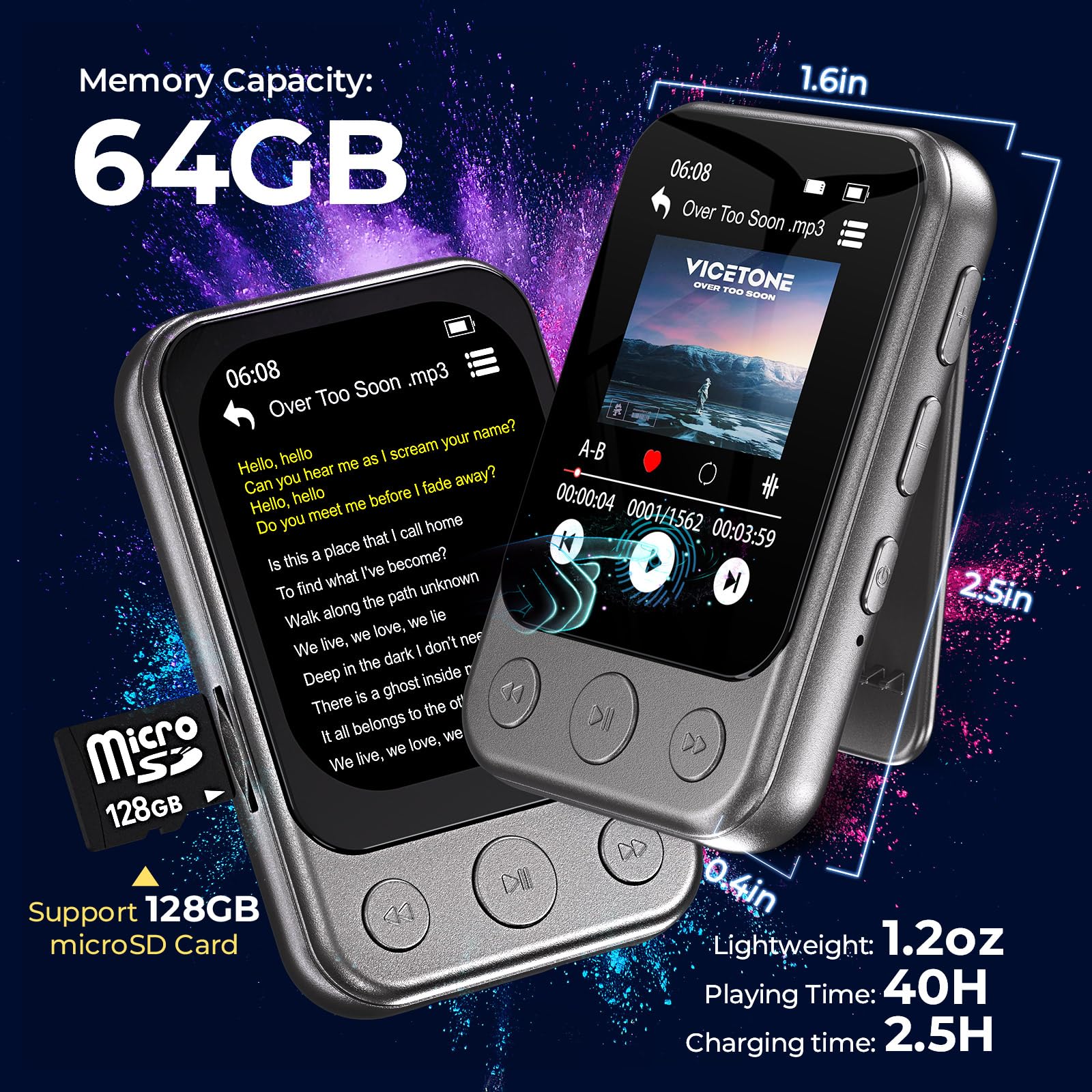 64GB Clip on MP3 Player with Bluetooth 5.3, Built-in Speaker, 2" HD Touchscreen, FM Radio, Voice Recorder, Portable Music Player for Running, Gym, Shuffle Audio Video, Up to 128GB MicroSD Card Gunmetal Grey - Image 4