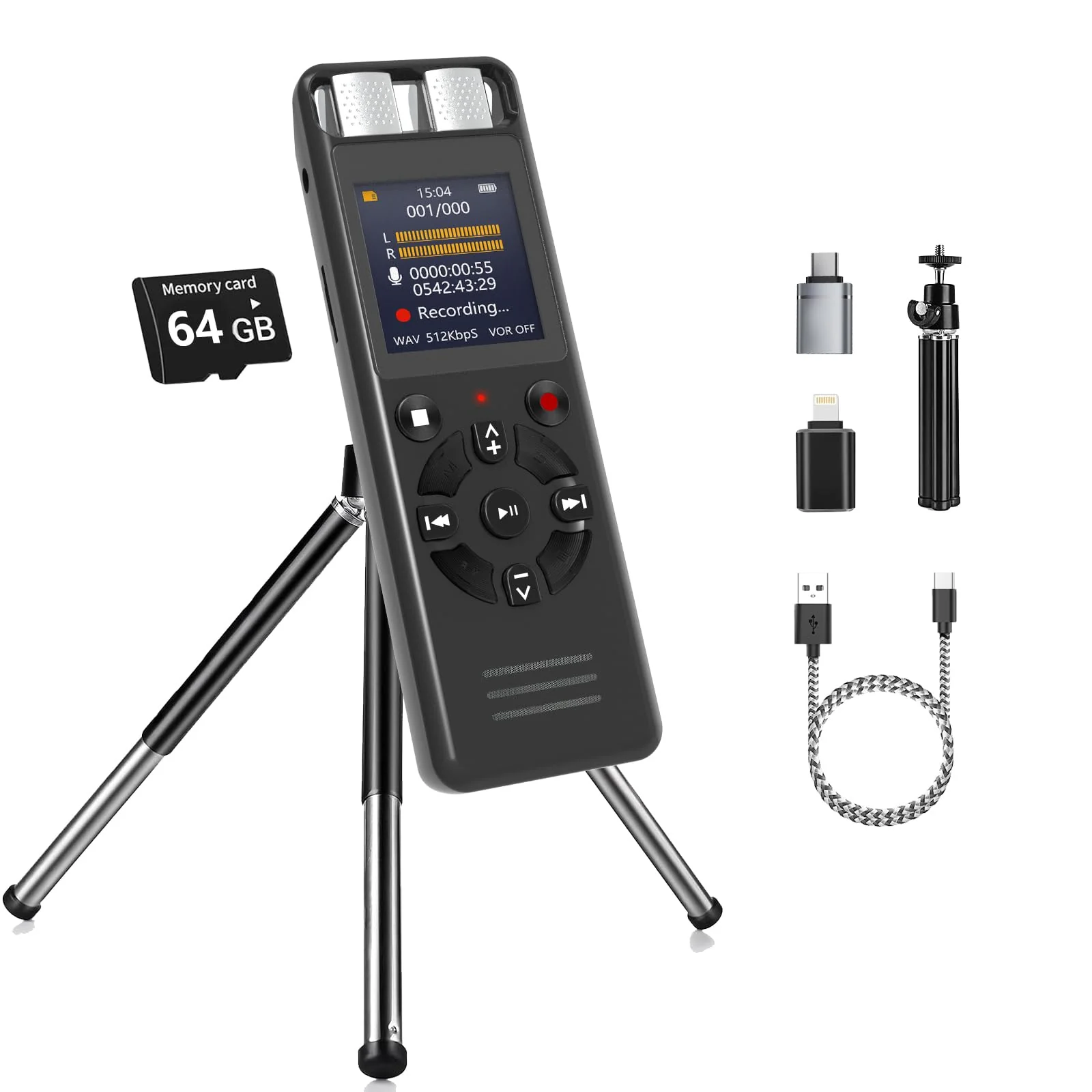 64GB Digital Voice Activated Recorder for Lectures&Meetings,Phone Connected via OTG,4640 Hours Audio Recorder with Tripod Stand,Recording Device with Playback,MP3 Player,Password,Variable Speed