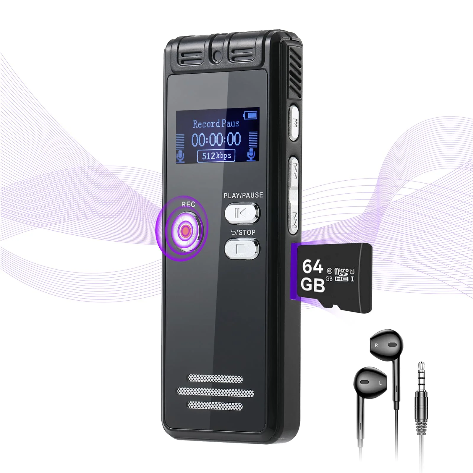 64GB Digital Voice Activated Recorder with Playback - 3072Kpbs HD Dual MIC Tape Voice Activated Recorder with Noise Reduction for Interviews/Meeting/Classes, 4608 Hours Audio Recording Device 601-64GB