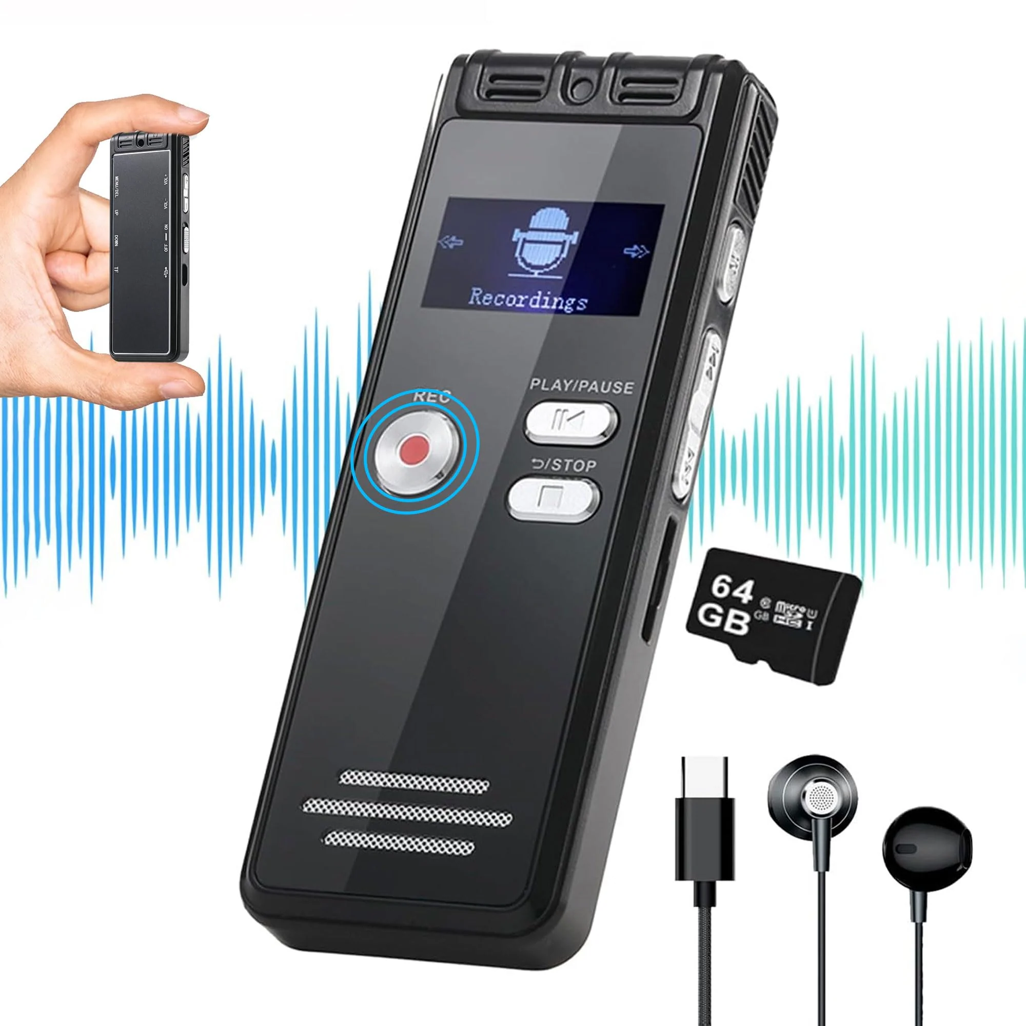 64GB Digital Voice Activated Recorder with Playback - 4552 Hours Audio Recording Device, 3072Kbps HD Dual MIC Tape Recorder Device for Lecture A-B Repeat, MP3 Player, Password,【64GB TF Card Included】 64GB