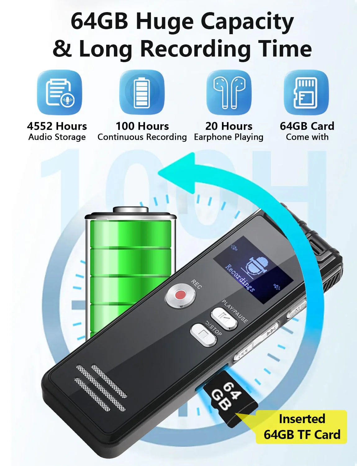 64GB Digital Voice Activated Recorder with Playback - 4552 Hours Audio Recording Device, 3072Kbps HD Dual MIC Tape Recorder Device for Lecture A-B Repeat, MP3 Player, Password,【64GB TF Card Included】 64GB - Image 3