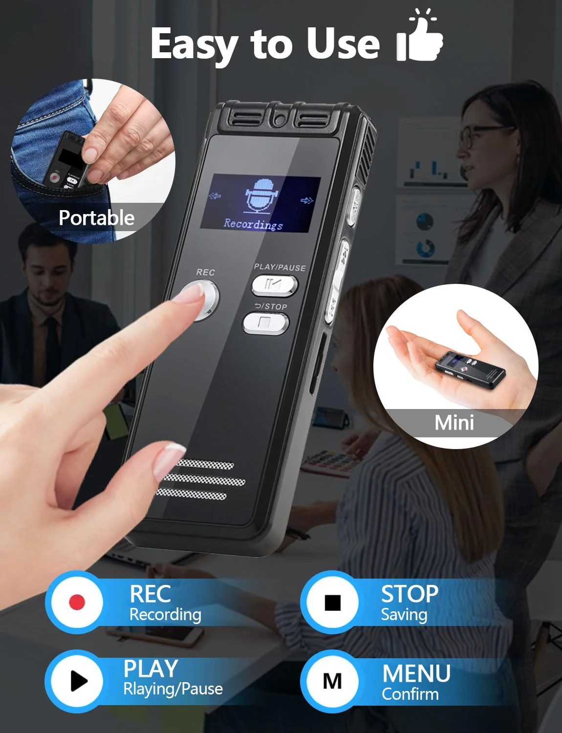 64GB Digital Voice Activated Recorder with Playback - 4552 Hours Audio Recording Device, 3072Kbps HD Dual MIC Tape Recorder Device for Lecture A-B Repeat, MP3 Player, Password,【64GB TF Card Included】 64GB - Image 4