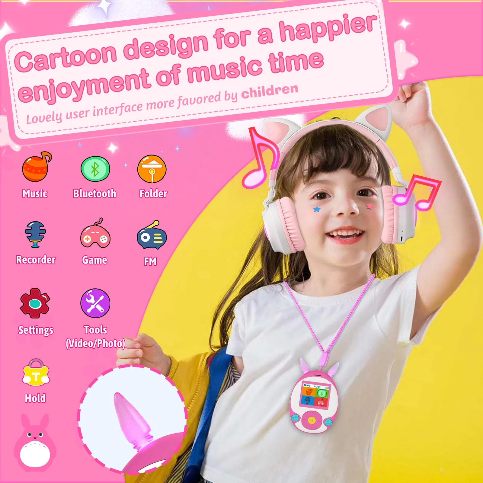 64GB MP3 Player for Kids, Kids MP3 Player with Bluetooth, Front Speaker, Games, Recorder, Ear Lights, Alarm, Music Player Expandable Up to 128GB(Earbud, Aux Cable, Lanyard Included) Pink - Image 2