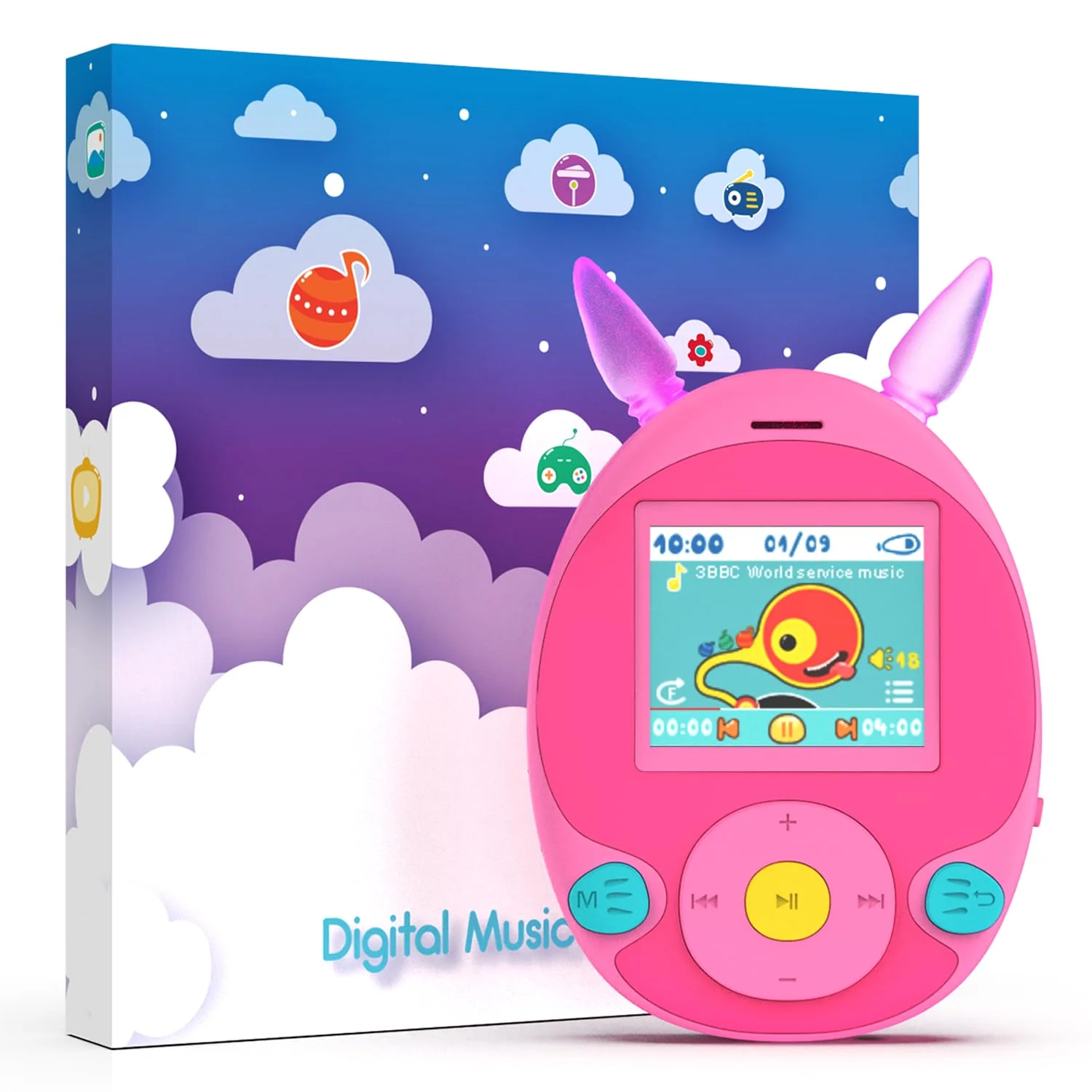 64GB MP3 Player for Kids, Kids MP3 Player with Bluetooth,Speaker, Games, Recorder, Ear Lights,Soothing Sounds, Alarm Clock, Stopwatch and 100hrs Loseless Music Playback(Support up to 128GB) pink