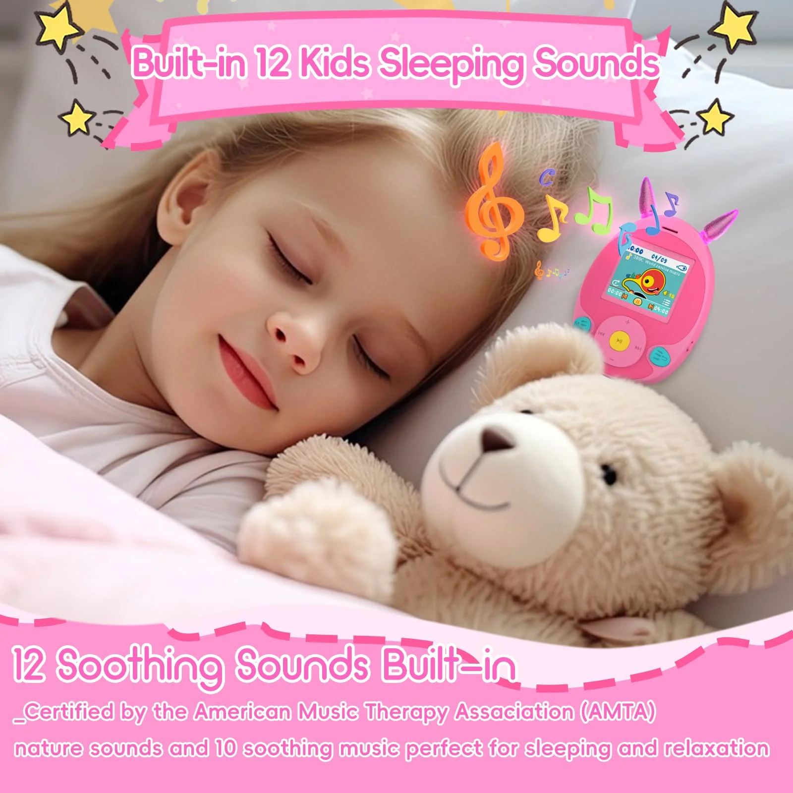 64GB MP3 Player for Kids, Kids MP3 Player with Bluetooth,Speaker, Games, Recorder, Ear Lights,Soothing Sounds, Alarm Clock, Stopwatch and 100hrs Loseless Music Playback(Support up to 128GB) pink - Image 4
