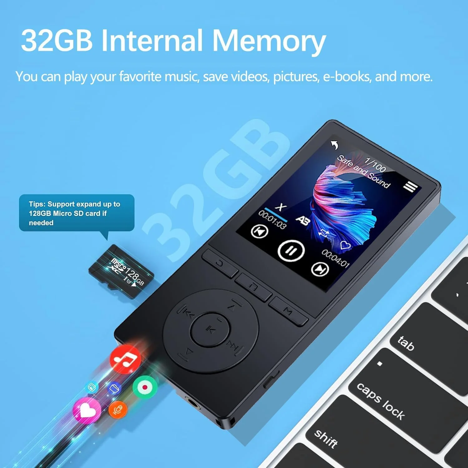 64GB MP3 Player with Bluetooth 5.3, Music Player with HiFi Sound for Sports Runners, 2.4" Screen MP3 Player Built in HD Speaker Voice Recorder FM Radio E-Book, Expanded Up to 128GB, Earphone Included Black - Image 7