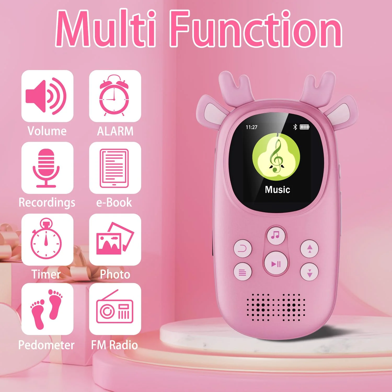 64GB MP3 Players for Kids, Cute Reindeer Portable Music Bluetooth Kid MP3 Player, Child MP3 Player with Bluetooth 5.3,Speaker, FM Radio, Alarm Clock, Voice Recorder, Stopwatch (Support up to 128GB) 64GB Pink - Image 2