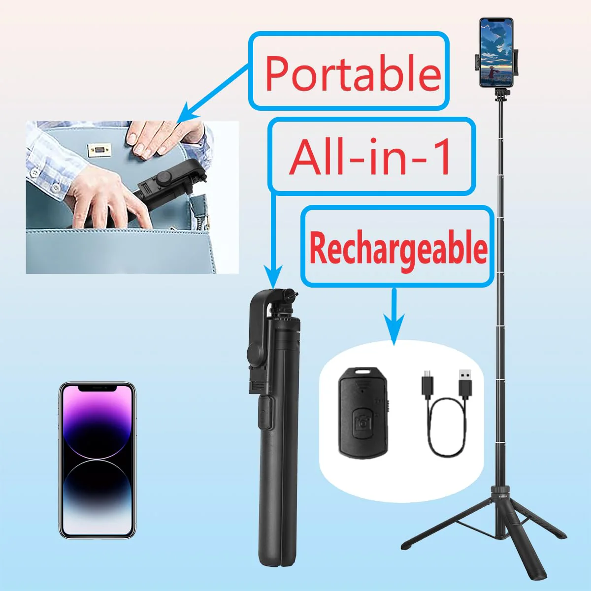 66" Selfie Stick Tripod for Cell Phone & Camera, All in 1 Expandable Phone Tripod with Remote Control and Rotate Phone Holder, Portable Tripod for iPhone/Goproo and Cameras.(black) black - Image 2