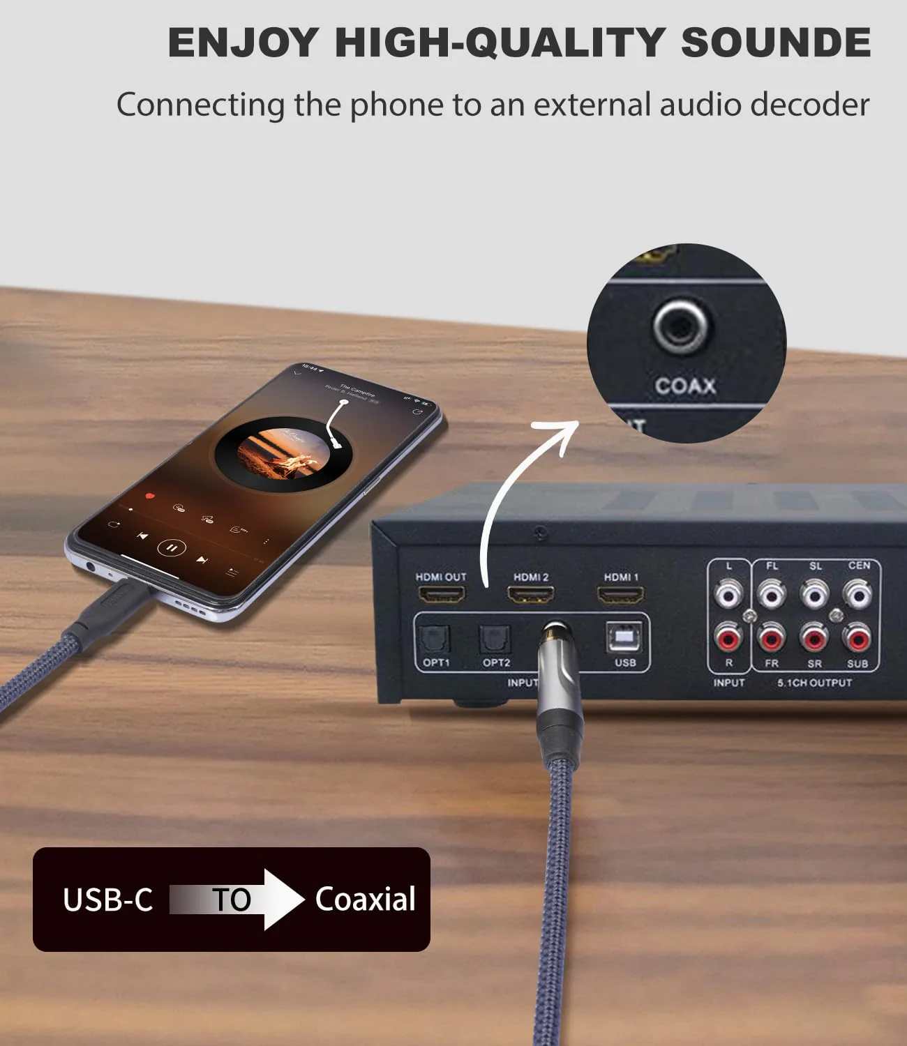6FT USB c to Coaxial Cable Male Type-c to Digital coaxial Audio Adapter, It can Output 32-bit/384kHz Digital Audio Signals for dac amp Sound Preamp Amplifier - Image 4