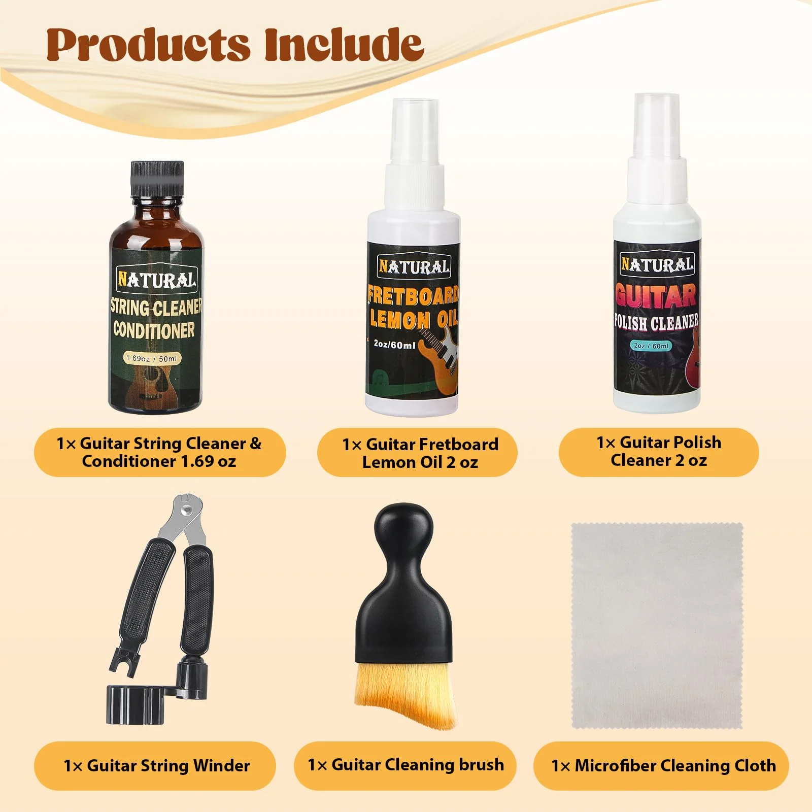 6Pcs Guitar Cleaning Kit - Includes Guitar Polish, Fretboard Oil, String Cleaner, String Winder, Brush, Cleaning Cloth, Guitar Maintenance Kit, for Violin, Piano, Bass, Guitar Players 6 - Image 2