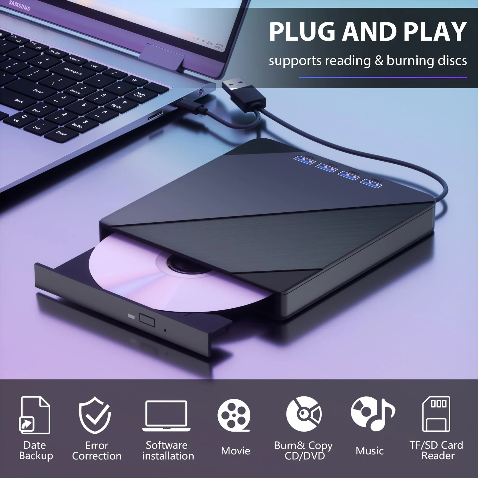 7 IN1External CD/DVD Drive for Laptop, CD Burner CD/DVD +/-RW Optical Drive, Slim Portable DVD CD ROM Rewriter Writer Duplicator for Laptop Desktop PC Windows 11/10/8/7 MacBook Mac Linux OS - Image 3