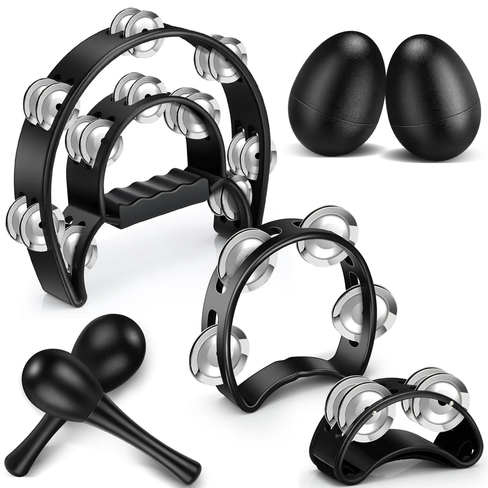 7 Pcs Tambourines for Adults, Metal Jingles Hand Held Percussion Half Moon Tambourine Foot Tambourine Sand Hammer Egg Shakers for Church KTV School Party Music Supplies