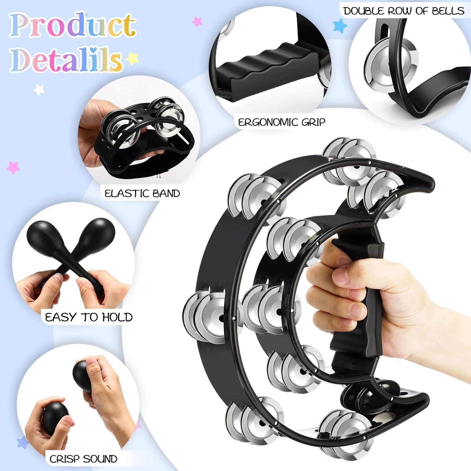 7 Pcs Tambourines for Adults, Metal Jingles Hand Held Percussion Half Moon Tambourine Foot Tambourine Sand Hammer Egg Shakers for Church KTV School Party Music Supplies - Image 3