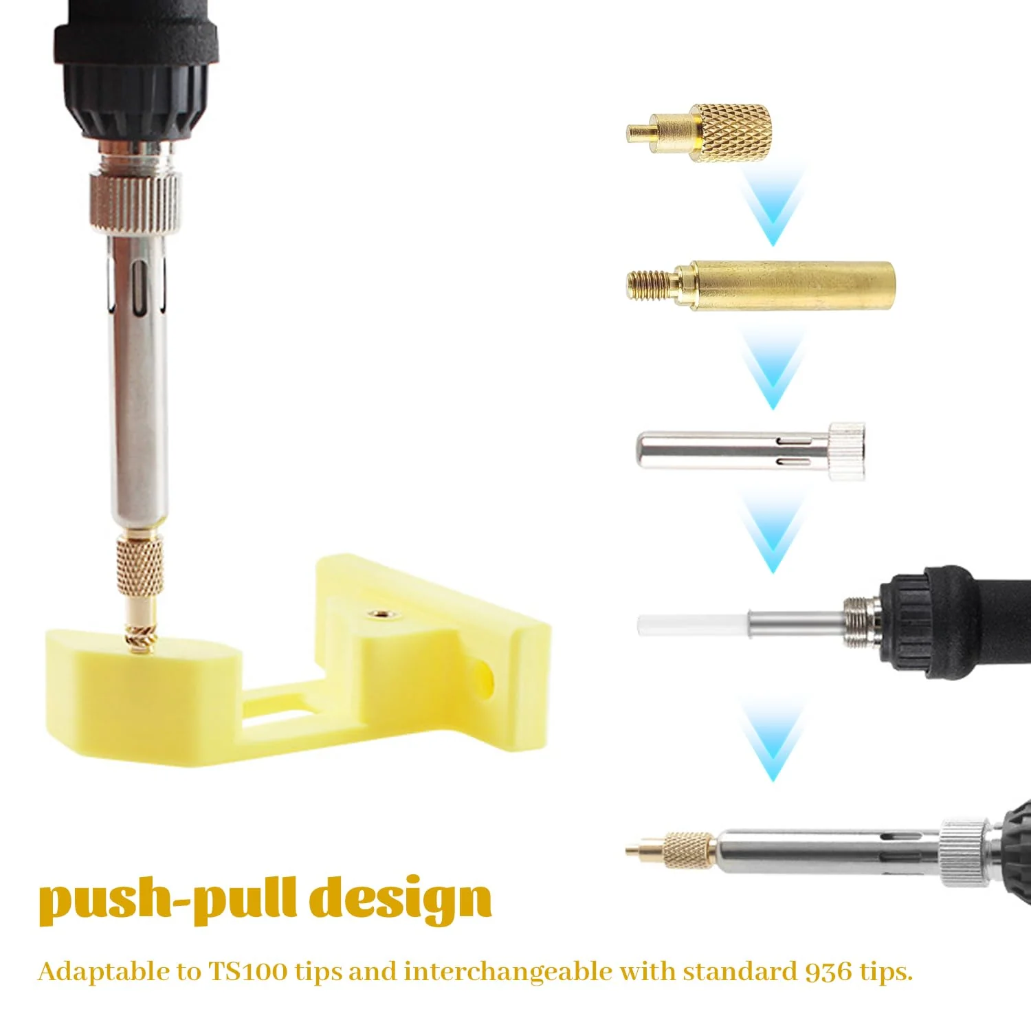 7-Piece Soldering Tips and Melting Thread Set, M2 / M2.5 / M3 / M4 / M5 / M6 / M8, Brass, with Adapter, for TS100/TS101 Soldering Tips, Interchangeable with Standard 936 Universal Tips (Yellow) Yellow - Image 3