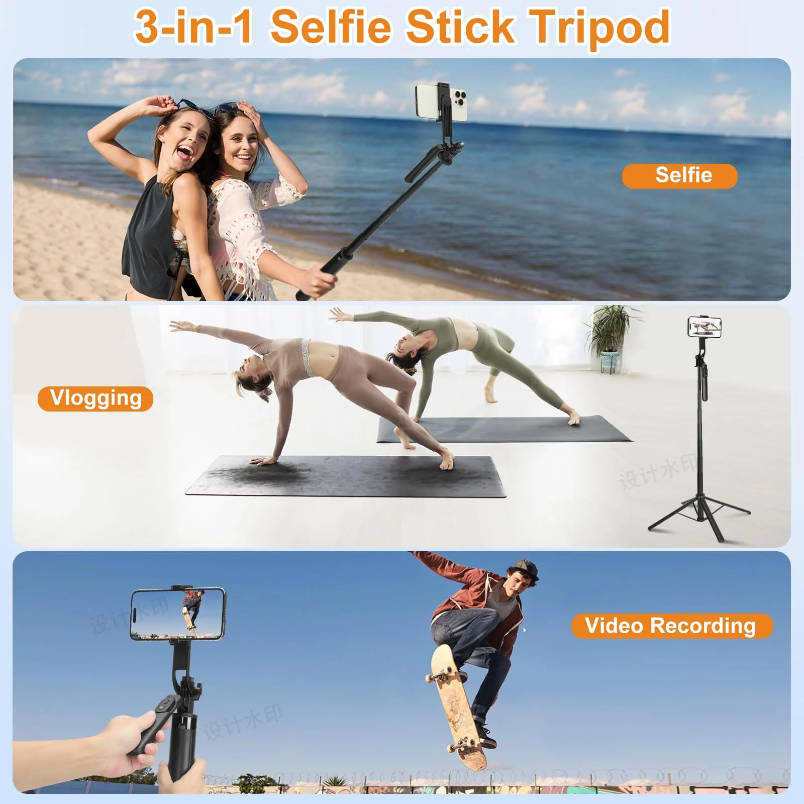 70" Selfie Stick Phone Tripod with Rechargeable Remote,Portable Extendable 3 in 1 Cell Phone Tripod Stand for Video Recording,Travel Selfie Stick Tripod for iPhone and Android - Image 3