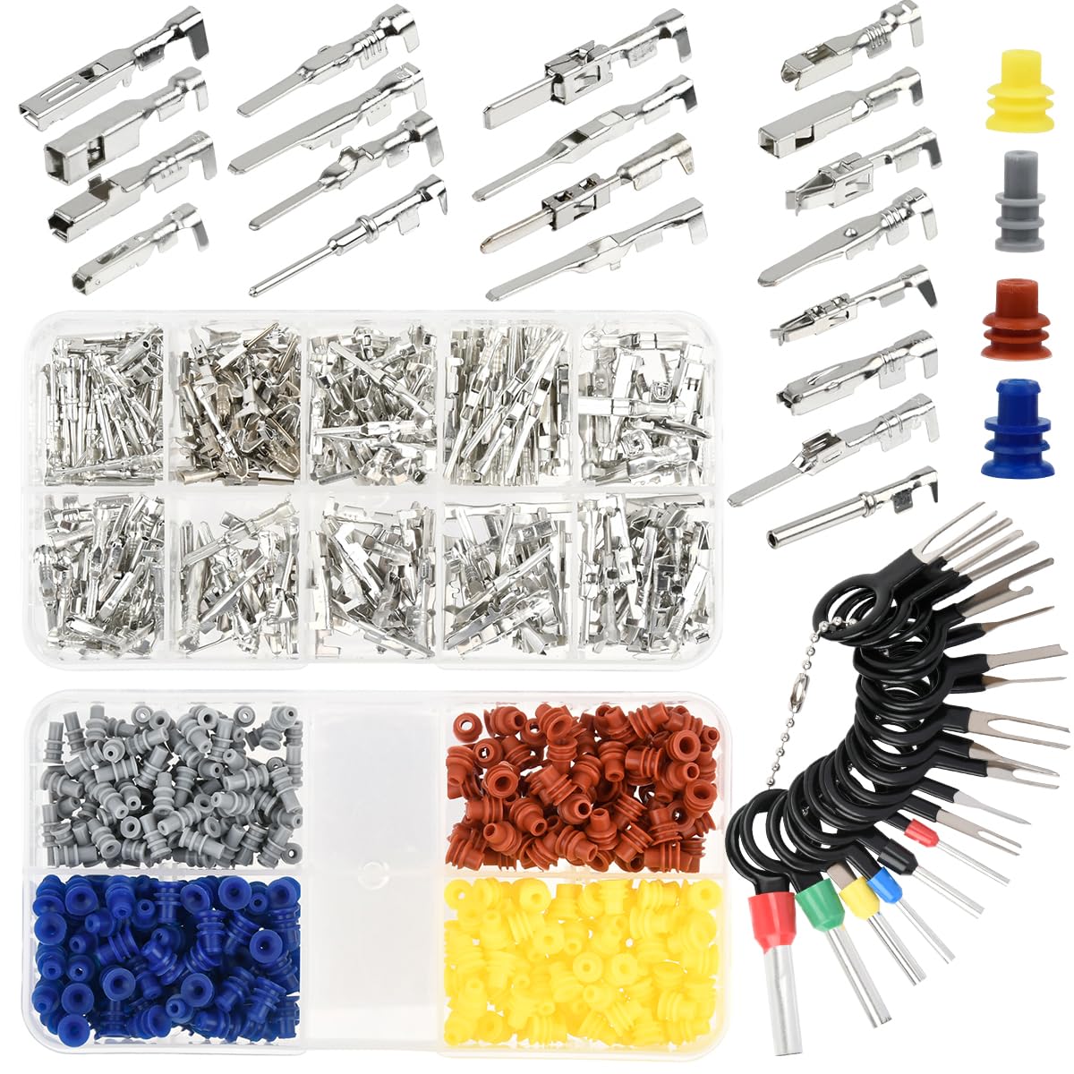 708 Piece Connector Pins Kit, Car Plug Pin Accessories 1/1.5/1.8/2.2/2.8/3.5 mm, Male and Female Wire Seals, Removal Tool Set for Motorcycles, Cars and Boats