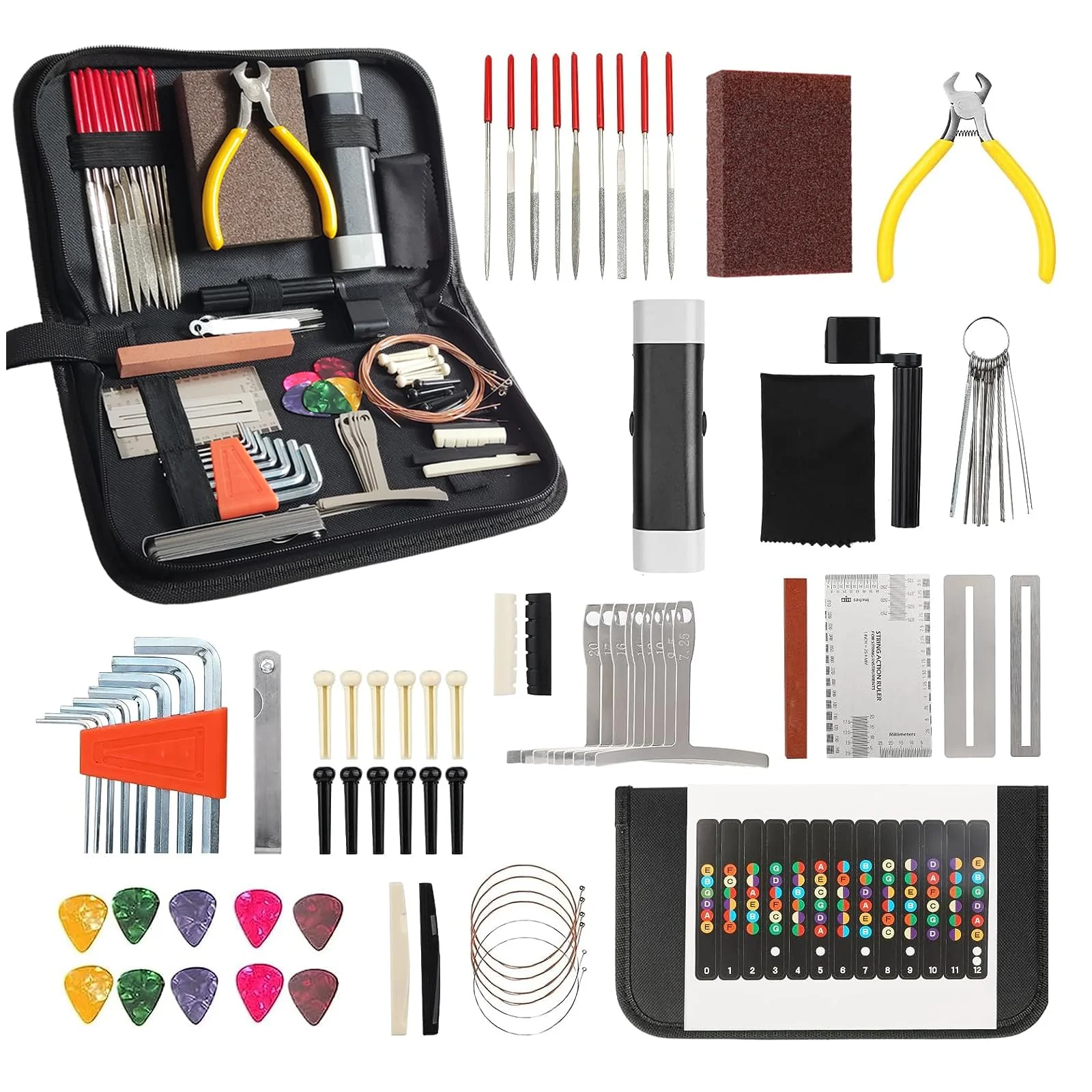 72 PCS Guitar Tool Kit for Set Up, Intonation Adjustment and Repair, Maintenance Kit for Bass Banjo and Ukulele, Accessories for Guitar Enthusiast Black
