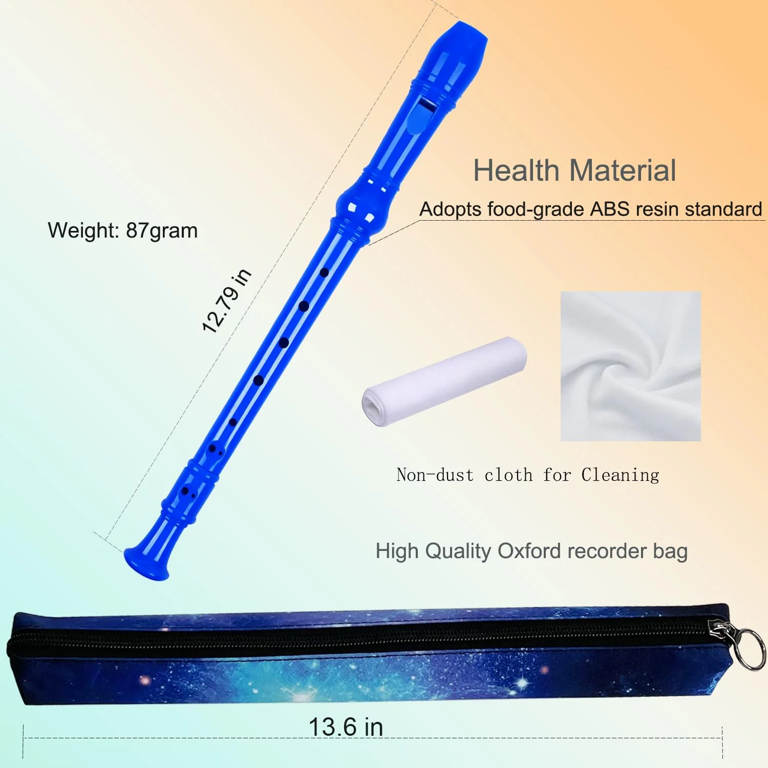 8 Holes Soprano Recorder with Cleaning Rod and Bag, Professional German Style C Key Recorder for Kids Beginners Students(Blue) Blue - Image 2