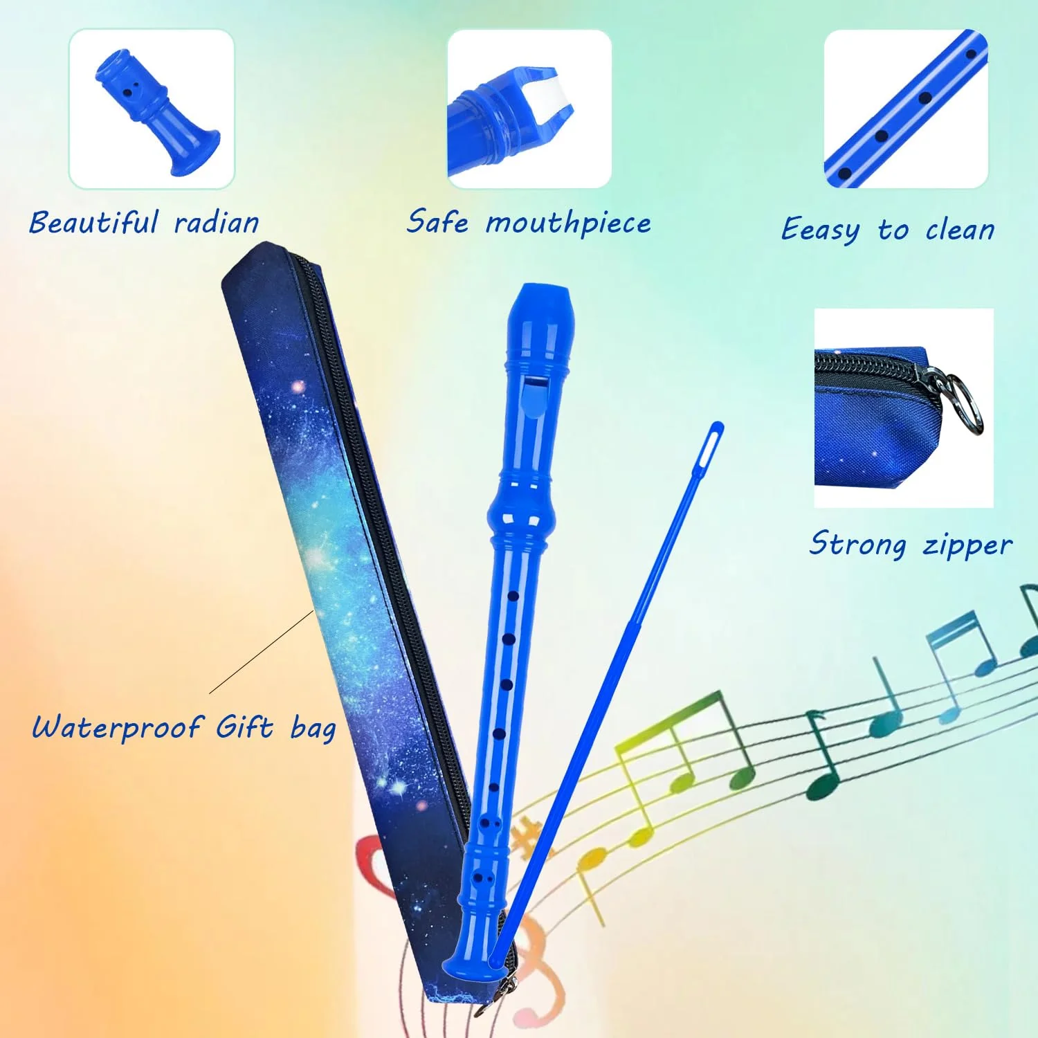 8 Holes Soprano Recorder with Cleaning Rod and Bag, Professional German Style C Key Recorder for Kids Beginners Students(Blue) Blue - Image 3